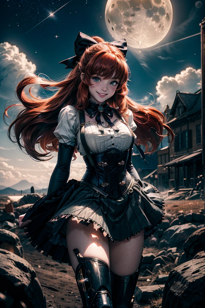 night, moon, stars, cowboy shot, (dynamic pose), smile, underbust, Penny Polendina, long red hair, neck ribbon, suspender skirt, corset, black bow, white blouse, mechanical legs, neon trim, flying in the air, blue sky, clouds (volumetric lighting), intricate details, tonemapping, sharp focus, hyper detailed