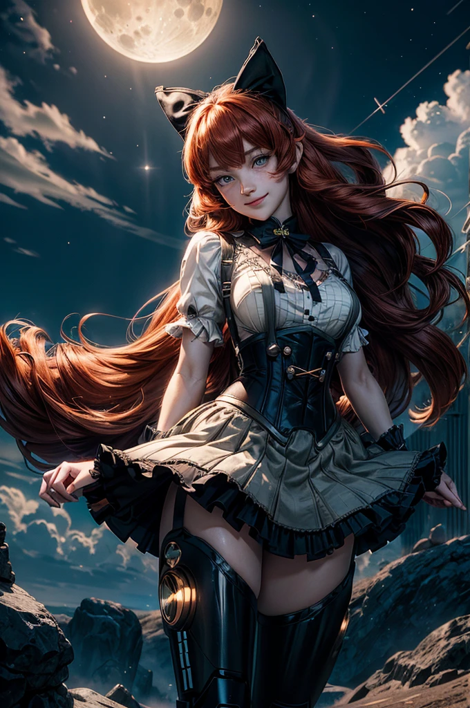 night, moon, stars, cowboy shot, (dynamic pose), smile,  underbust, Penny Polendina, long red hair, neck ribbon, suspender skirt, corset, black bow, white blouse, mechanical legs, neon trim, flying in the air, blue sky, clouds (volumetric lighting), intricate details, tonemapping, sharp focus, hyper detailed

