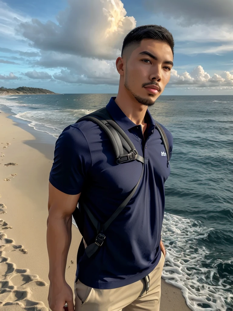 Tony Labrusca, Young man in a navy blue polo shirt Standing by the sea with an expression, looking into the distance Turn your head slightly.,Cloudy day, (Backpack:1.3)