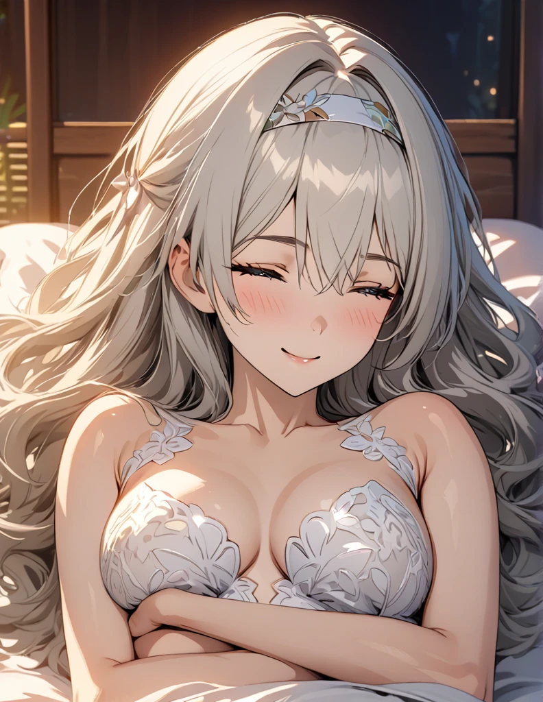 beautiful girl, long grey hair, beautiful face,smiling,close up to hips, beautiful breast, sleep, laying on bed, hands hugging pov, (open mouth:0.4),illustration,detailed textures(realists),ultra-detailed,portrait style,vivid colors,soft lighting, blushing, mature, hair fluttering, evening light , head band, ((half body)), no bra, wearing intricate wedding dress, perky. ((side profile until hips))