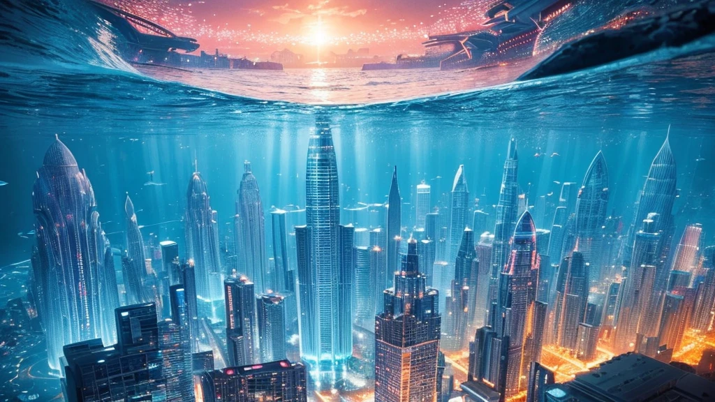 A fantastical and serene deep-sea city. Viewed from the ocean floor looking up towards the water surface. The city is very large with futuristic buildings, domes, and spires. Completely submerged in clear blue and pink water. The entire city is covered by a large dome-shaped glass structure. The scene has a tranquil and calming atmosphere. Soft glowing lights illuminate the city. The water surface above glitters with sunlight, creating beautiful patterns. The city emits a quiet, artificial light. Surrounded by vibrant marine life and coral formations. The water is deeper, adding to the mysterious and serene feeling. The image is high-resolution, realistic, and in 4K. Capturing the enchanting beauty of the underwater city.