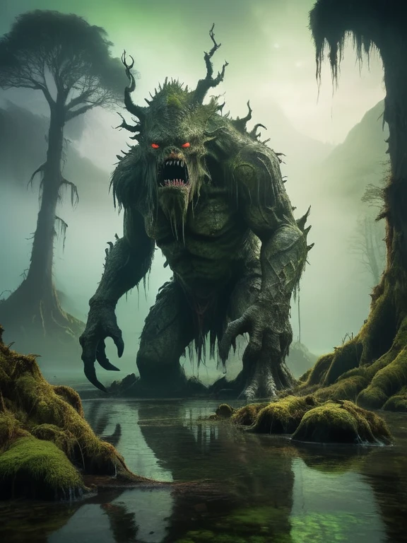 A photo of a (colossal swamp beast:1.3), towering over a (lone wanderer:1.1), vibrant green moss on scales, (glowing eyes:1.2), misty marshland, (jagged mountain backdrop:1.1), ethereal light shafts, serene water stream, (ancient trees:1.1), tranquil yet foreboding, Sony A1, 1/800s, f/5.6, ISO 320, epic scale, high dynamic range, immersive environment, RAW photography, professional grade,