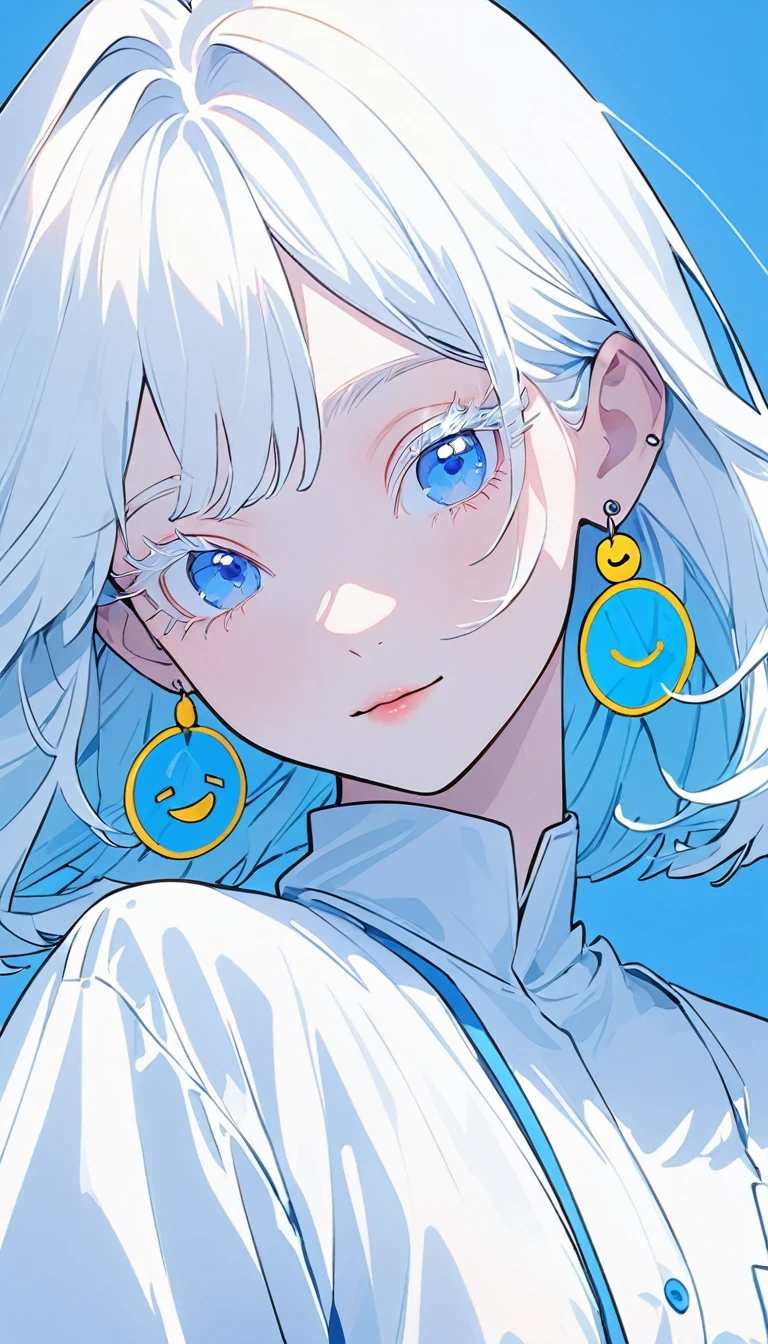 The Minimalists，Fashion Girl，Blue Background，Wearing special earrings，Clear eyelashes，Bright blue eyes，Clean通透的眼珠，closure，Smiley face flat illustration，geometry，Clean