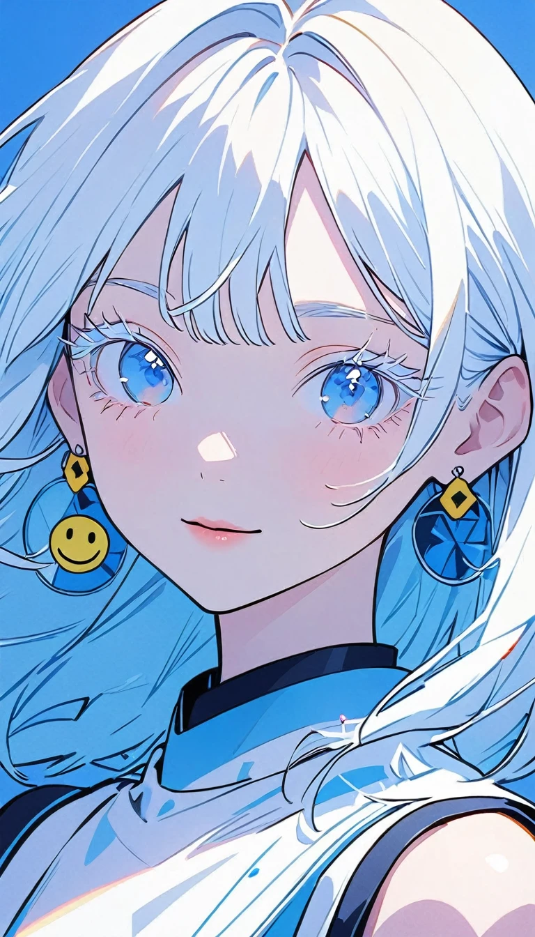 The Minimalists,Fashion Girl,Blue Background,Wearing special earrings,Clear eyelashes,Bright blue eyes,Clean通透的眼珠,closure,Smiley face flat illustration,geometry,Clean