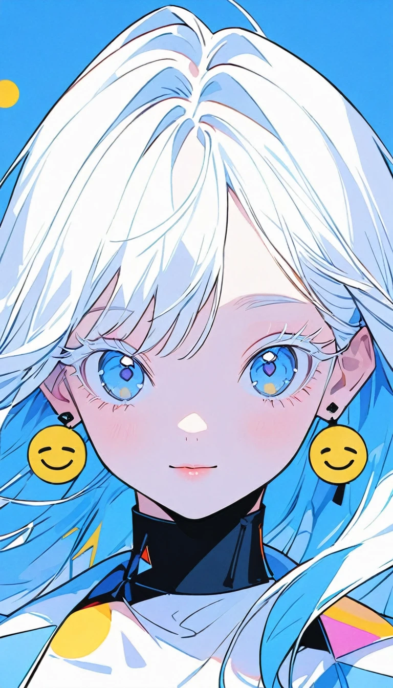 The Minimalists，Fashion Girl，Blue Background，Wearing special earrings，Clear eyelashes，Bright blue eyes，Clean通透的眼珠，closure，Smiley face flat illustration，geometry，Clean
