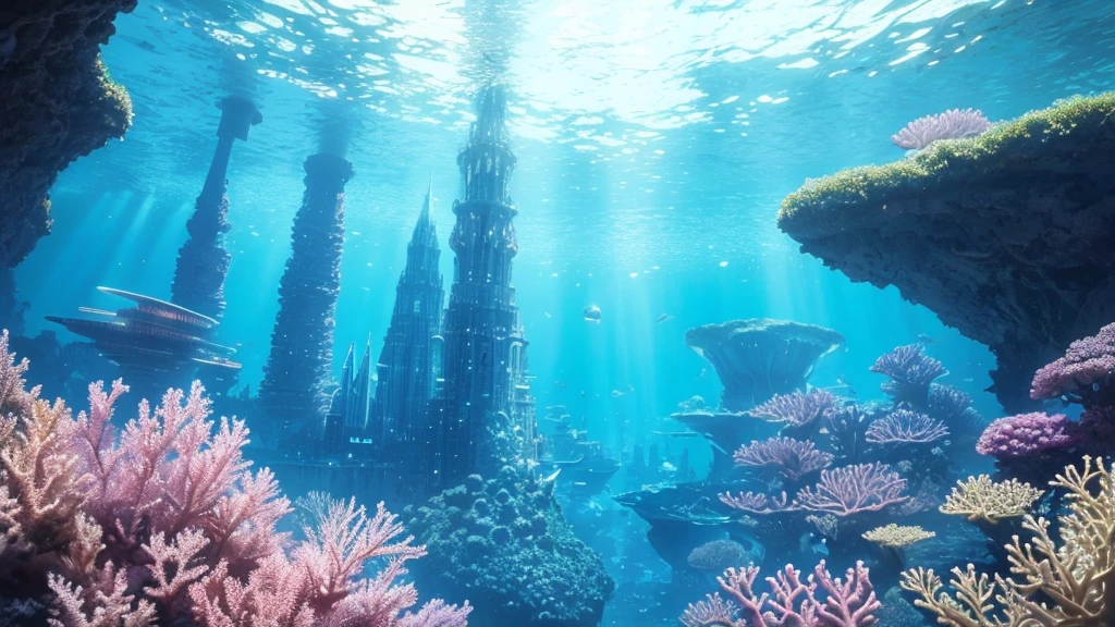 A fantastical and serene deep-sea city. Viewed from the ocean floor looking up towards the water surface. The city is very large with futuristic buildings, domes, and spires. Completely submerged in clear blue and pink water. The entire city is covered by a large dome-shaped glass structure. The scene has a tranquil and calming atmosphere. Soft glowing lights illuminate the city. The water surface above glitters with sunlight, creating beautiful patterns. The city emits a quiet, artificial light. Surrounded by vibrant marine life and coral formations. The water is deeper, adding to the mysterious and serene feeling. The image is high-resolution, realistic, and in 4K. Capturing the enchanting beauty of the underwater city.