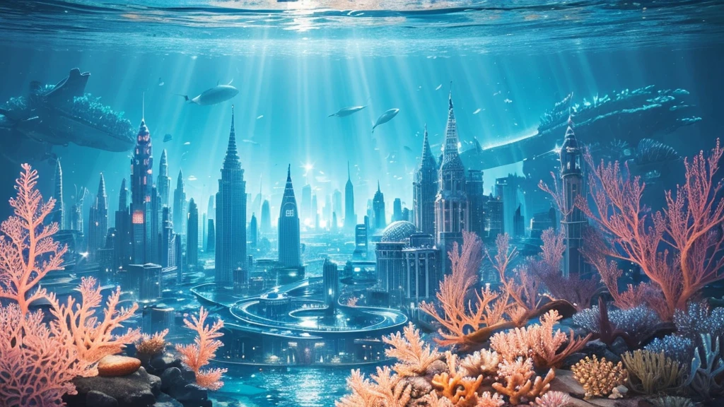 A fantastical and serene deep-sea city. Viewed from the ocean floor looking up towards the water surface. The city is very large with futuristic buildings, domes, and spires. Completely submerged in clear blue and pink water. The entire city is covered by a large dome-shaped glass structure. The scene has a tranquil and calming atmosphere. Soft glowing lights illuminate the city. The water surface above glitters with sunlight, creating beautiful patterns. The city emits a quiet, artificial light. Surrounded by vibrant marine life and coral formations. The water is deeper, adding to the mysterious and serene feeling. The image is high-resolution, realistic, and in 4K. Capturing the enchanting beauty of the underwater city.