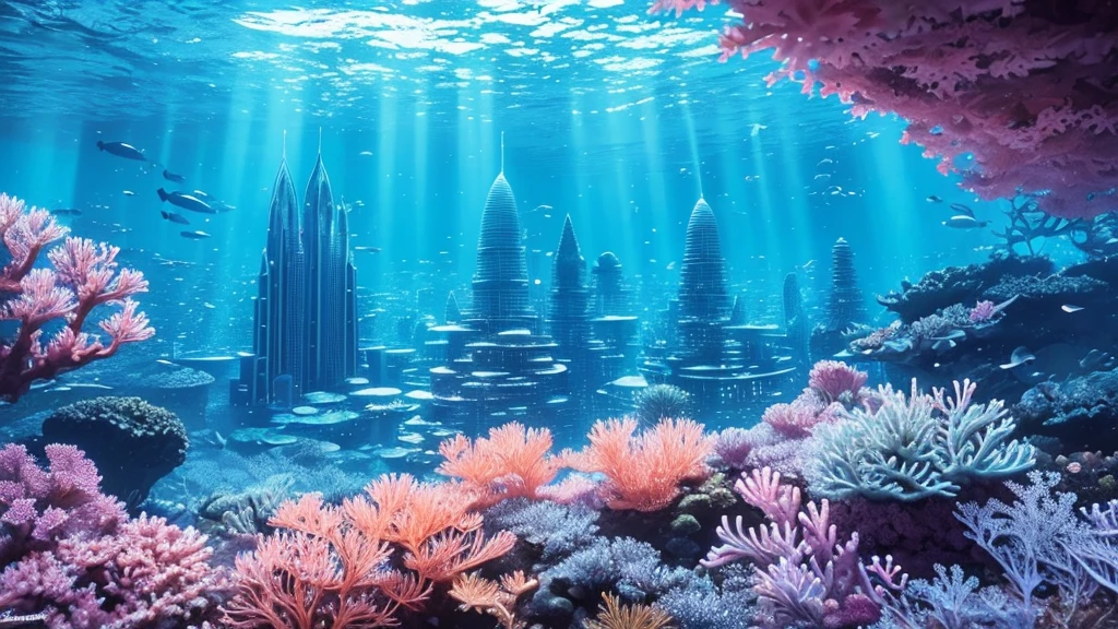 A fantastical and serene deep-sea city. Viewed from the ocean floor looking up towards the water surface. The city is very large with futuristic buildings, domes, and spires. Completely submerged in clear blue and pink water. The entire city is covered by a large dome-shaped glass structure. The scene has a tranquil and calming atmosphere. Soft glowing lights illuminate the city. The water surface above glitters with sunlight, creating beautiful patterns. The city emits a quiet, artificial light. Surrounded by vibrant marine life and coral formations. The water is deeper, adding to the mysterious and serene feeling. The image is high-resolution, realistic, and in 4K. Capturing the enchanting beauty of the underwater city.
