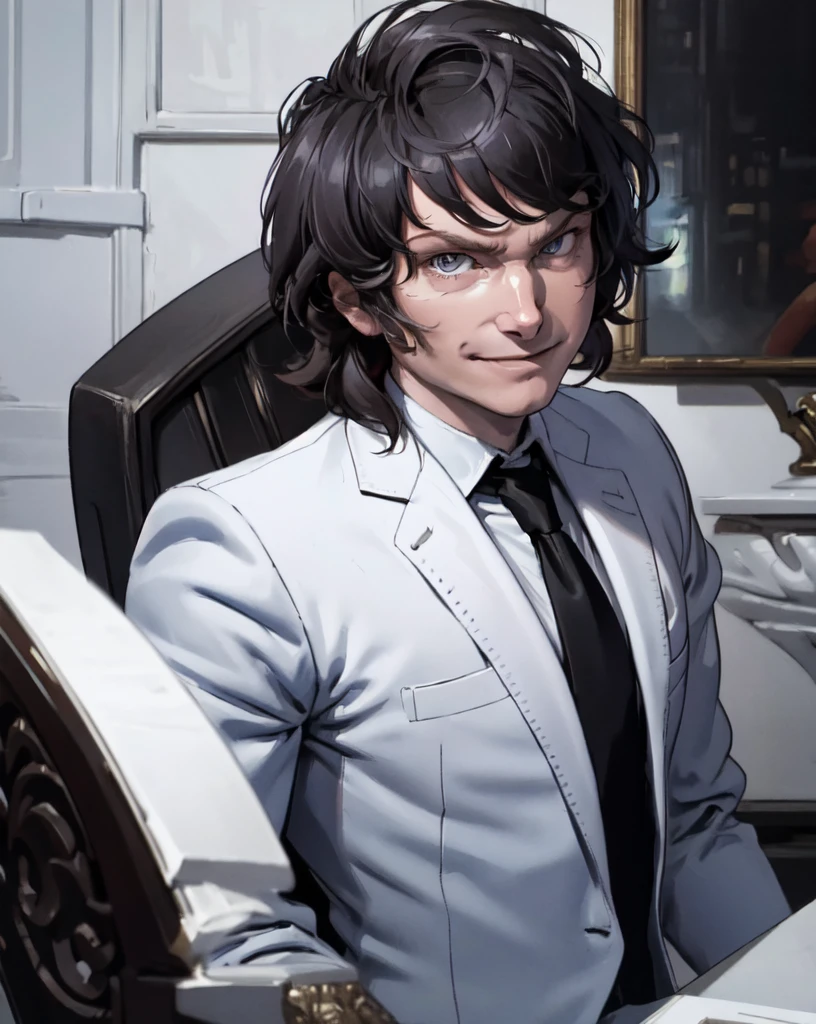 solo, Poster of Javier Milei, masterpiece, best quality, portrait of sks man , black suit and white shirt, very detailed face, high quality, serious face, evil smile,