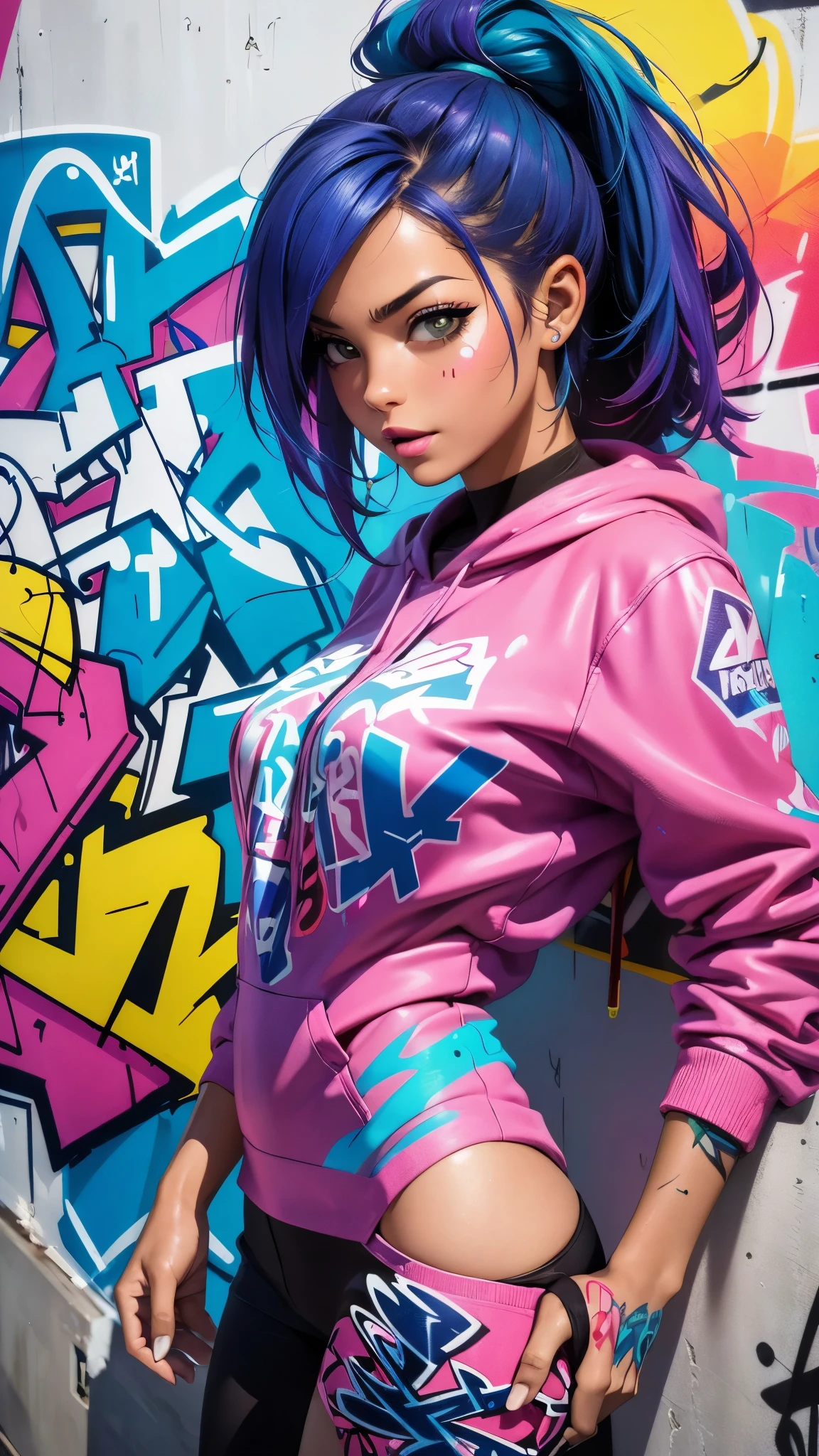 (best quality), (high detail), (vivid colors), (graffiti style), (freestyle), (Close up), (1girl), sexy female graffiti artist, spraying graffiti on a wall painted with street art, HDR, 4K, 3D, graffiti art style.