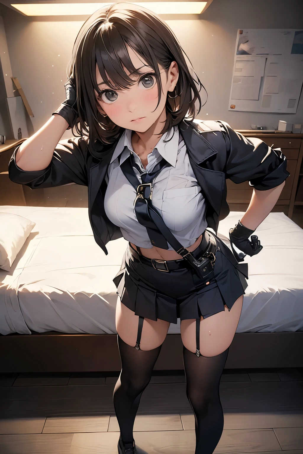 (perfect anatomy, anatomically correct, super detailed skin),
1 woman, japanese, 22 years old, high school teacher, shiny skin, white skin, watching the view, front view,
beautiful hair, beautiful face, beautiful detailed eyes,
(short hair, straight hair, dark brown hair), hair between eyes, dark purple eyes, babyface,
beautiful clavicle, beautiful body, beautiful breasts, beautiful thighs, beautiful legs, (middle breasts, seductive thighs, big ass), piercings, cameltoe, break,
((navy jacket, close jacket, navy tight skirt, white collared shirt), black pantyhose), purple neck ribbon, high heels, break,
(((((brown rope)), shibari:1.5, (shibari over clothes)))), ((arms behind back:1.5), breasts bondage, arms bondage legs bondage), (((toys in panties))),
((ashamed, open mouth)), (((m legs), squatting, spread legs, kneeling)), break,
(beautiful scenery), evening, (school classroom, blackboard),
(8k, top-quality, masterpiece:1.2, extremely detailed), (photorealistic:1.4), beautiful illustration, cinematic lighting,