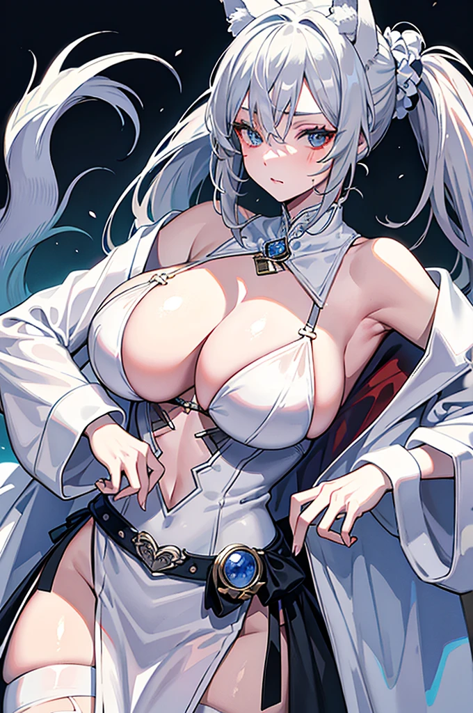 best qualtiy，tmasterpiece，The is very detailed，4K，Gray hair and shallow eyes，Drag cool expressions，Wolf ears，Erect scar on the left eye，British style，1girl，Absolutely beautiful, huge breasts, white costume, animal ear Scrunchie