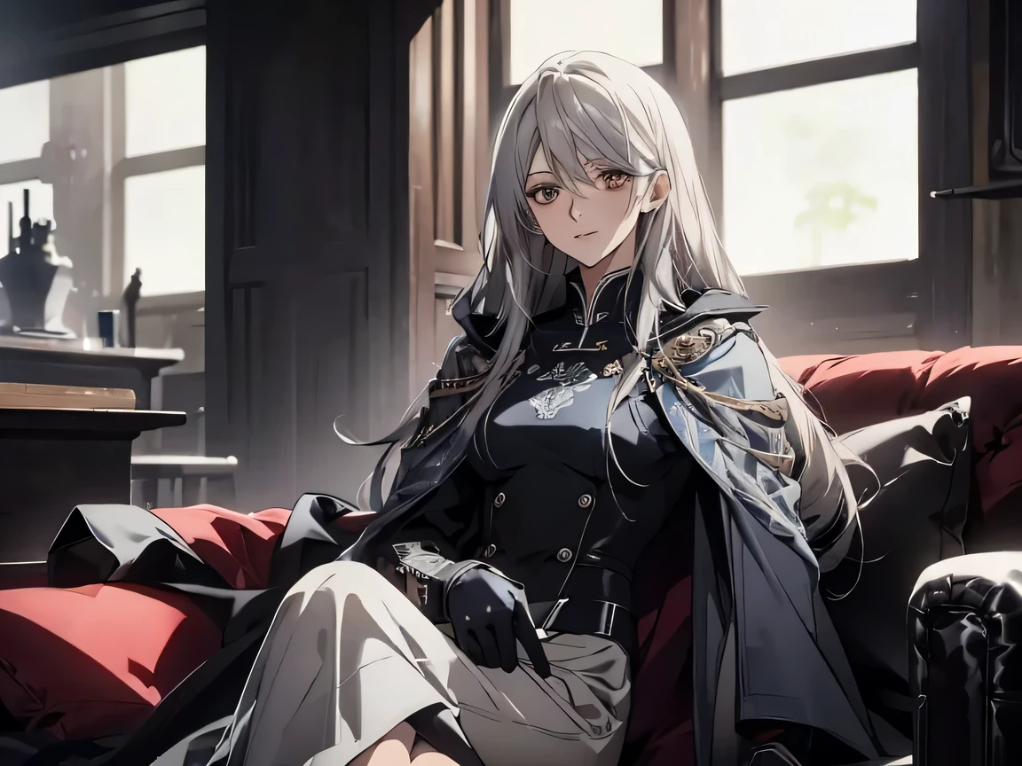 (Confused, High resolution, Very detailed), 1 female, Silver Hair,Long Hair,Reddish brown eyes,Blue and black pilot suit,24th generation,beauty,mature,thin,quiet,Calm,sofa,,Looks happy,White long cloak,Relaxing