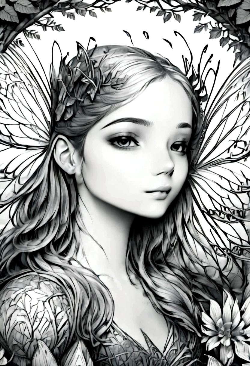 A fairy surrounded by glowing mushrooms in an enchanted forest, clean line art, white background, colouring page, clean outline, sketch style, floral frame, decorative panel, abstract ,sketch, character lines and scenes without colors and shadows. (Best Quality, Highres:1.4), Detailed, Intricate Details, 4K,