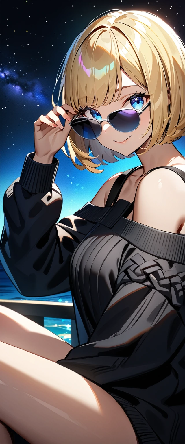 (((a beautiful starry sky, the Milky Way shining beautifully in the night))), ((bare legs)), (((sunglasses, hand to sunglasses))), (Aran sweater), ((((from side)))), upper body, ((sitting on the very high cliff)), wavy hair, inward curled hair, sea, beach, ((blond hair, bob cut:1.3)), breasts, teenager, (looking at viewer), oversized clothes, puffy long sleeves, ((off-shoulder sweater:1.3, Quite thick shoulder straps)), ((black sweater)), collarbone, head tilt:1.3, (((blue eyes))), happy smile, (((anime style))), (best quality, 4K, 8K, highres, masterpiece:1.2, ultra-detailed, ultra-detailed eyes, HDR, uhd, studio lighting, ultra-fine painting, sharp focus, physically-based rendering, extreme detail description, professional, vivid colors, bokeh)