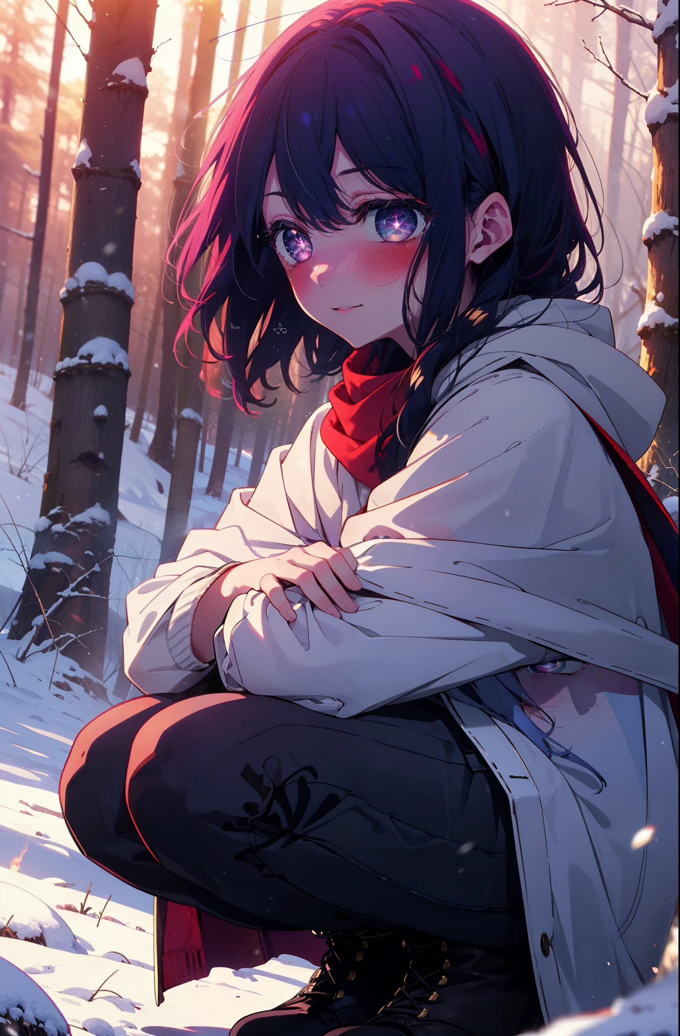 aihoshino, Ai Hoshino, Long Hair, bangs, (Purple eyes:1.1), Purple Hair, (Symbol-shaped pupil:1.5), smile,,smile,blush,White Breath,
Open your mouth,snow,Ground bonfire, Outdoor, boots, snowing, From the side, wood, suitcase, Cape, Blurred, , forest, White handbag, nature,  Squat, Mouth closed, Cape, winter, Written boundary depth, Black shoes, red Cape break looking at viewer, Upper Body, whole body, break Outdoor, forest, nature, break (masterpiece:1.2), Highest quality, High resolution, unity 8k wallpaper, (shape:0.8), (Beautiful and beautiful eyes:1.6), Highly detailed face, Perfect lighting, Highly detailed CG, (Perfect hands, Perfect ???????),