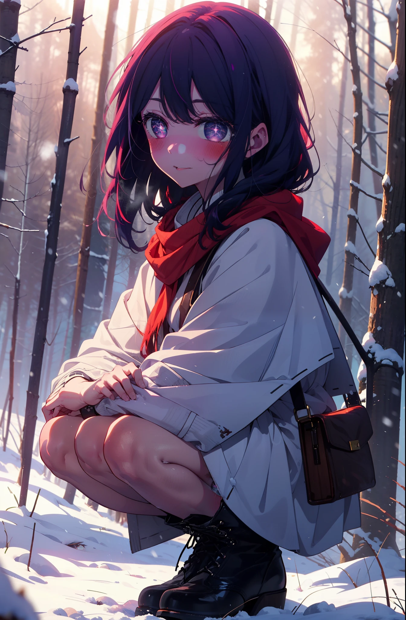 aihoshino, Ai Hoshino, Long Hair, bangs, (Purple eyes:1.1), Purple Hair, (Symbol-shaped pupil:1.5), smile,,smile,blush,White Breath,
Open your mouth,snow,Ground bonfire, Outdoor, boots, snowing, From the side, wood, suitcase, Cape, Blurred, , forest, White handbag, nature, Squat, Mouth closed, Cape, winter, Written boundary depth, Black shoes, red Cape break looking at viewer, Upper Body, whole body, break Outdoor, forest, nature, break (masterpiece:1.2), Highest quality, High resolution, unity 8k wallpaper, (shape:0.8), (Beautiful and beautiful eyes:1.6), Highly detailed face, Perfect lighting, Highly detailed CG, (Perfect hands, Perfect Anatomy),