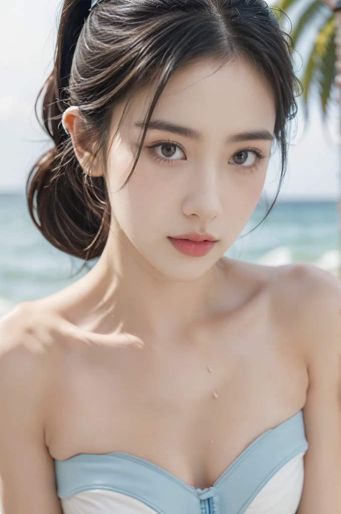 "(((best quality))), (((ultra detailed))), (((masterpiece))), illustration,((1 beautiful young girl,solo)),((slim,thin)),(strapless vibrant floral bra:1.3),((small breasts,flat chest)),(short ponytail:1.2),((shiny skin,sweat,wet)),seaside, summer, joyful, playful, physical features, smooth fair skin, gentle sea breeze, endless azure sky, picturesque backdrop, whiteness of sand, deep blues of the sea, waves crashing, internal turmoil, transformation, standing on the cusp of womanhood, confidence, sexuality, metaphorical plunge, next chapter of life,significance of the moment, beauty of the seaside, celebration of youth, excitement of summer ahead,((from front,close-up of face))