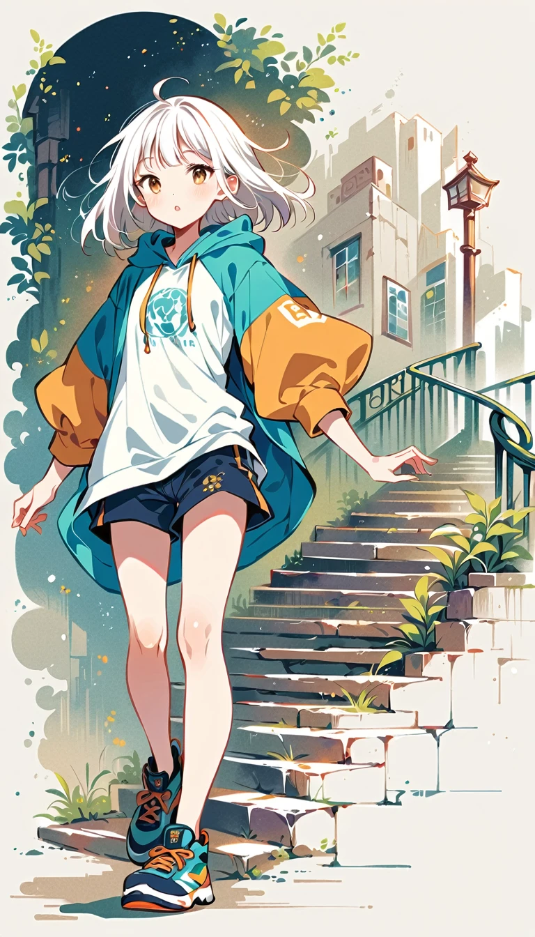 Fujichoco style, shorts, hooded t-shirt, white hair, full body, stairs, simple background,Simple line initialism, (((The Most Beautiful Girl))),