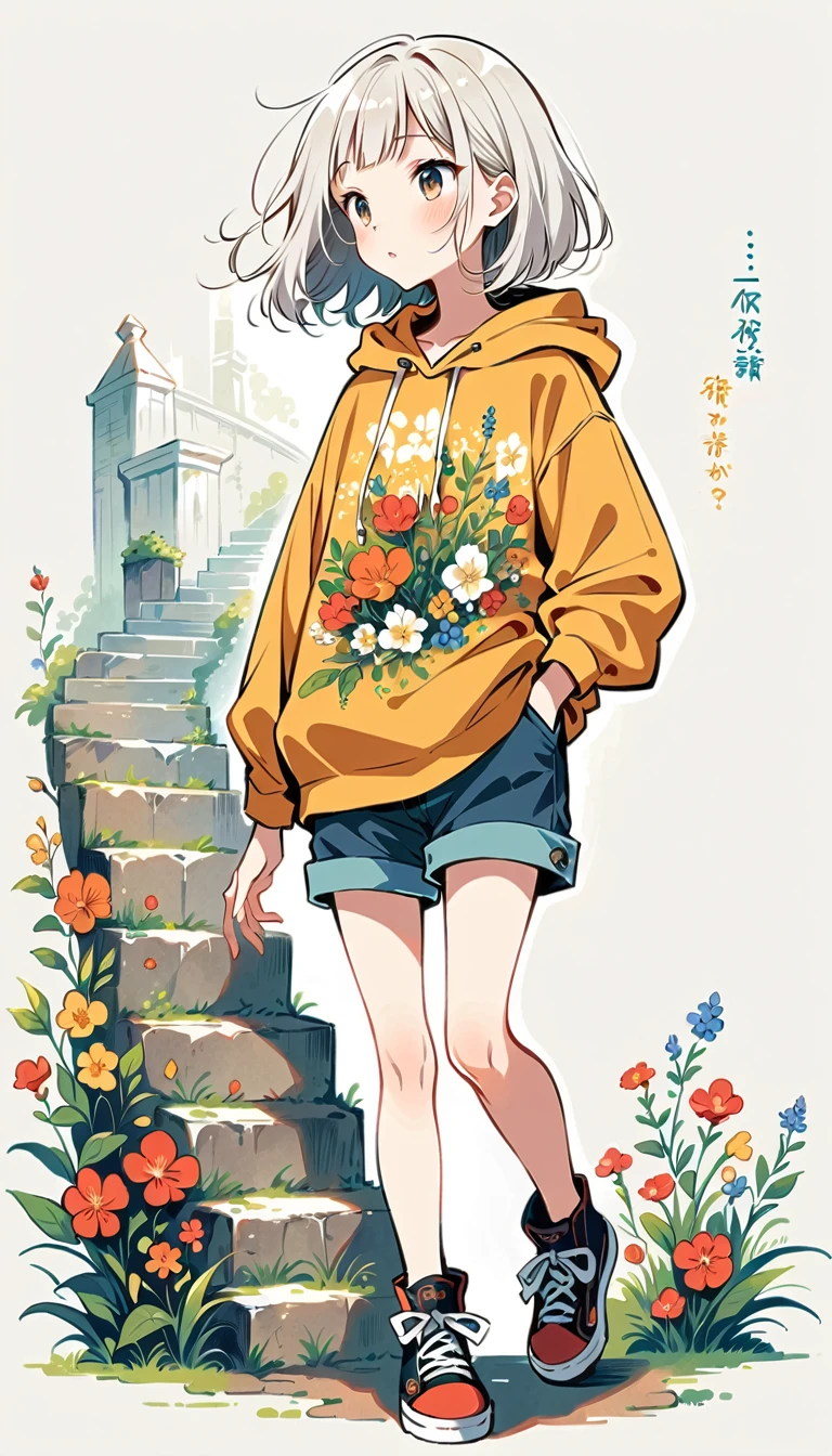 Fujichoco style, shorts, hooded t-shirt, white hair, full body, stairs, simple background,Simple line initialism, (((The Most Beautiful Girl))),