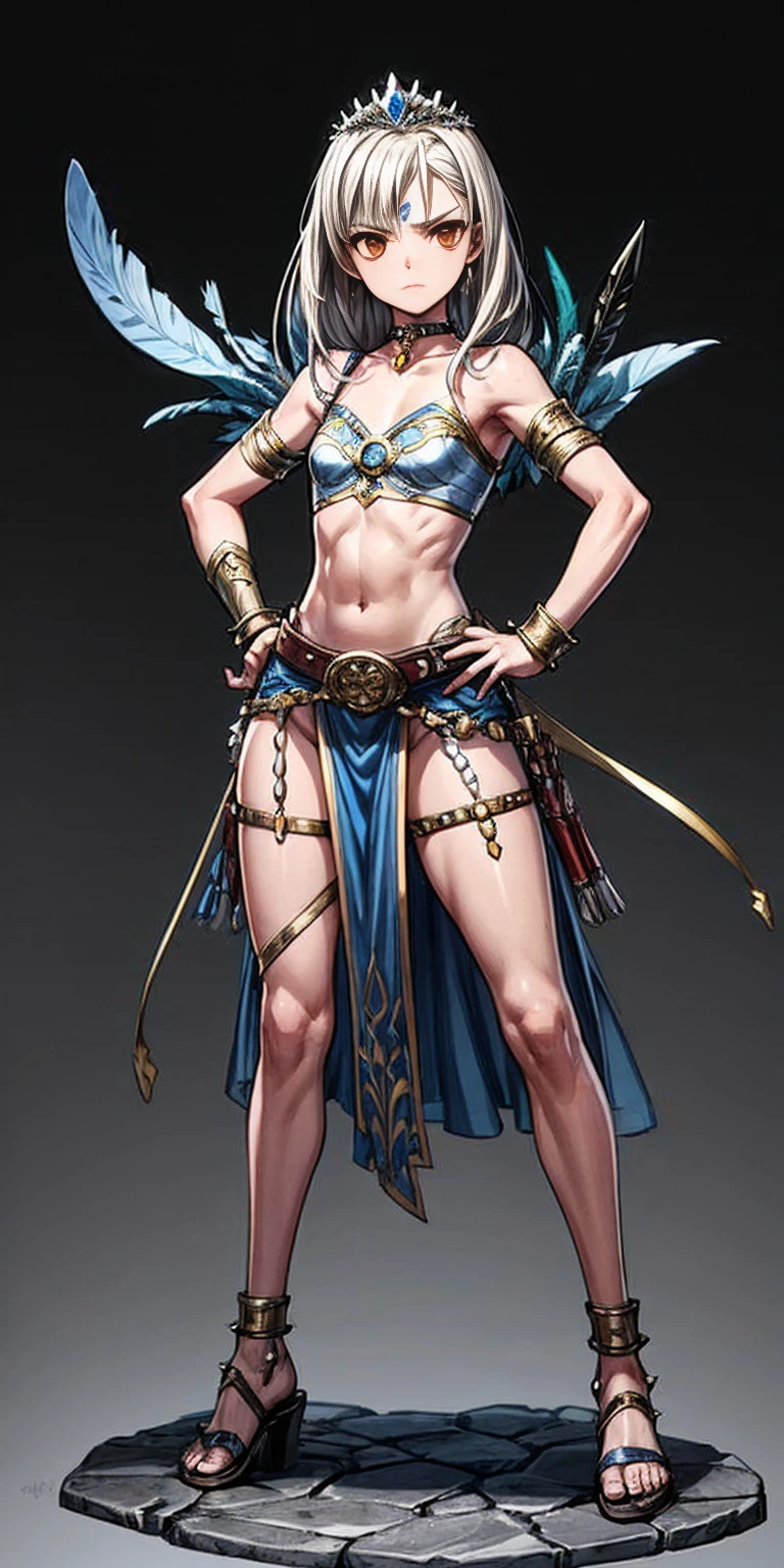 Subject:
1 Solo Female Gladiator
Pose:
Full body, whole body
Standing tall, hands on hips (conveying confidence)
Feet together, conveying a strong stance
View from slightly below, emphasizing her power
Clothing and Armor:
Loincloth (detailed and well-crafted, showcasing her warrior status)
Metal sandals, sturdy and battle-worn
Leather choker, adorned with a gladiator emblem or small spikes (optional)
Big belt, holding additional weapons or pouches (optional)
Bracers on forearms, for protection
Jewelry:
Tiara (can be simple and battle-ready, or adorned with feathers or gladiator symbols)
Additional Details:
Strong, defined muscles
Determined expression on her face
Optional: scars or other battle marks that tell a story of her victories