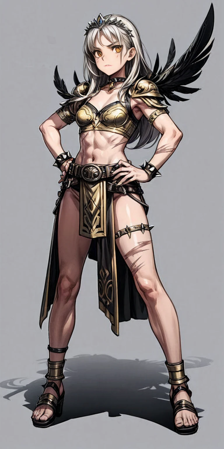 Subject:
1 Solo Female Gladiator
Pose:
Full body, whole body
Standing tall, hands on hips (conveying confidence)
Feet together, conveying a strong stance
View from slightly below, emphasizing her power
Clothing and Armor:
Loincloth (detailed and well-crafted, showcasing her warrior status)
Metal sandals, sturdy and battle-worn
Leather choker, adorned with a gladiator emblem or small spikes (optional)
Big belt, holding additional weapons or pouches (optional)
Bracers on forearms, for protection
Jewelry:
Tiara (can be simple and battle-ready, or adorned with feathers or gladiator symbols)
Additional Details:
Strong, defined muscles
Determined expression on her face
Optional: scars or other battle marks that tell a story of her victories