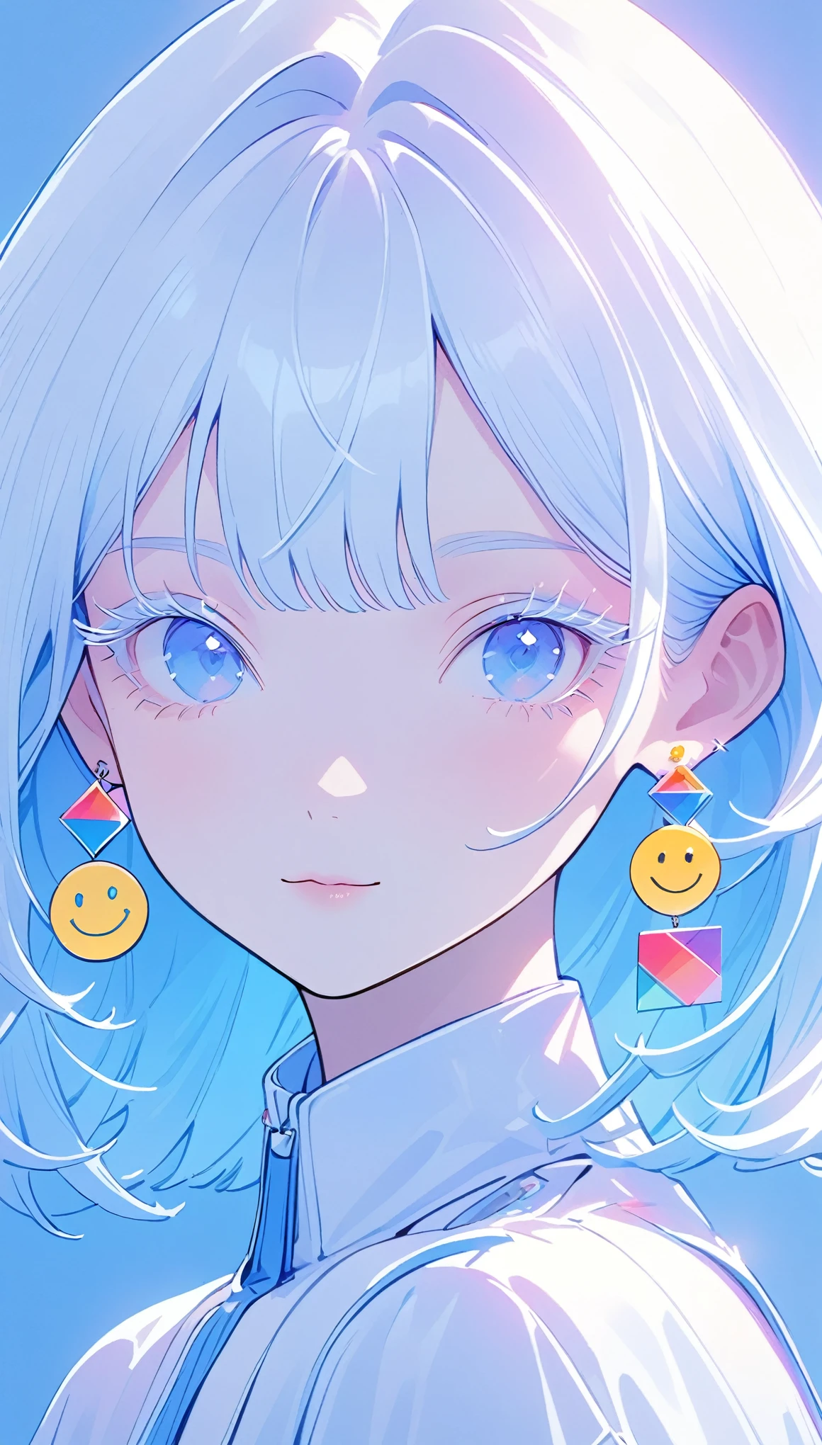 The Minimalists,Fashion Girl,Blue Background,Wearing special earrings,Clear eyelashes,Bright blue eyes,Clean通透的眼珠,closure,Smiley face flat illustration,geometry,Clean