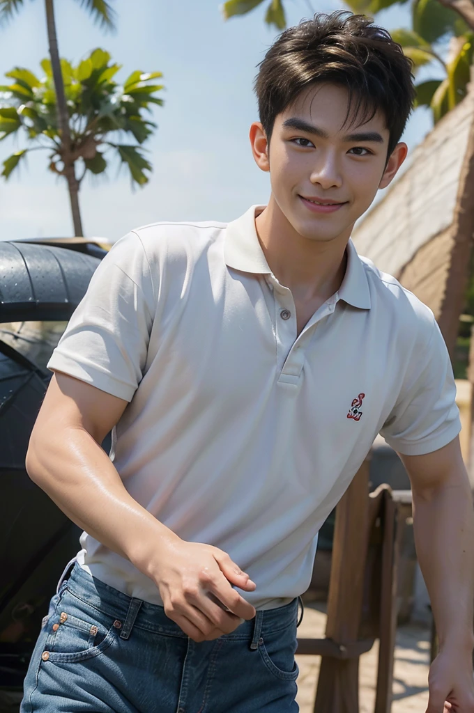 (Masterpiece: 1.2),(CGI art:1.3),(realistic:1.5),(post processing:1.3), (sharp focus:1.3), Asia, 1 male, smile, Korean guy , korean men, (High gloss details), chest muscles, Big arm muscles, blood vessel, big muscles, shoulder, looking at the audience, Balancing the eyes ,(Polo shirt),(jeans), , By the sea, beach, sunlight, Run towards the camera..