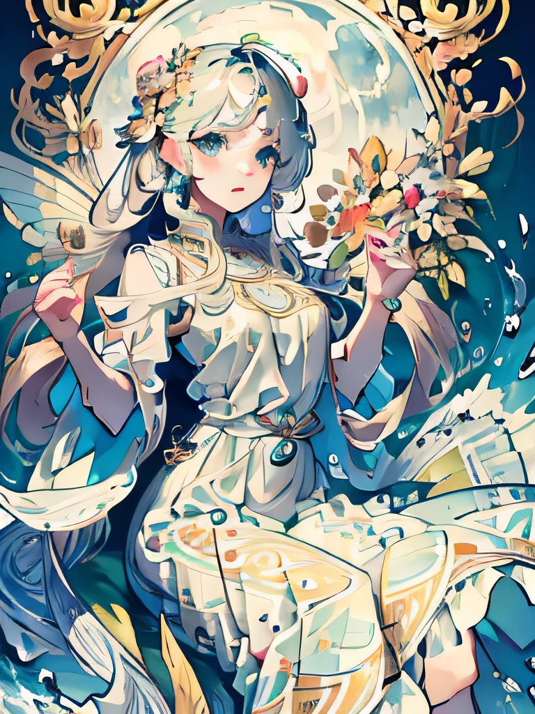 A fairy wearing a sea-patterned dress, Water's Edge, Sparkling, colorful, delicate