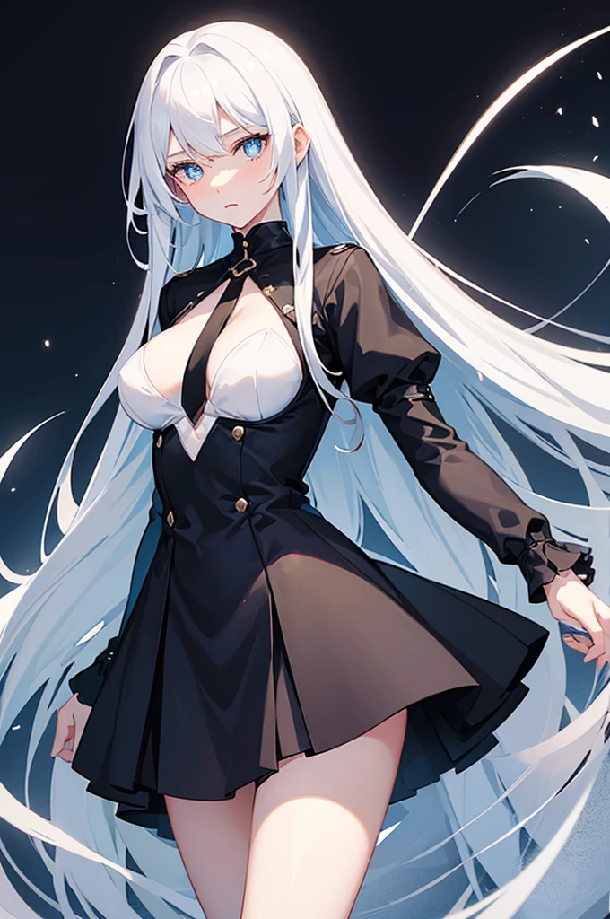 A girl,White long hair,Dissemination,Blue pupils,Big breasts,,Humanity,A bit dull,A bit shy,Black dress