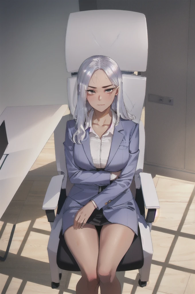 painting (by ratatatat74:1.25), 1girl, solo, (fair skin:1.31), silver hair, office suit, strict, office, arms crossed, on chair, 4K, majestic lighting 