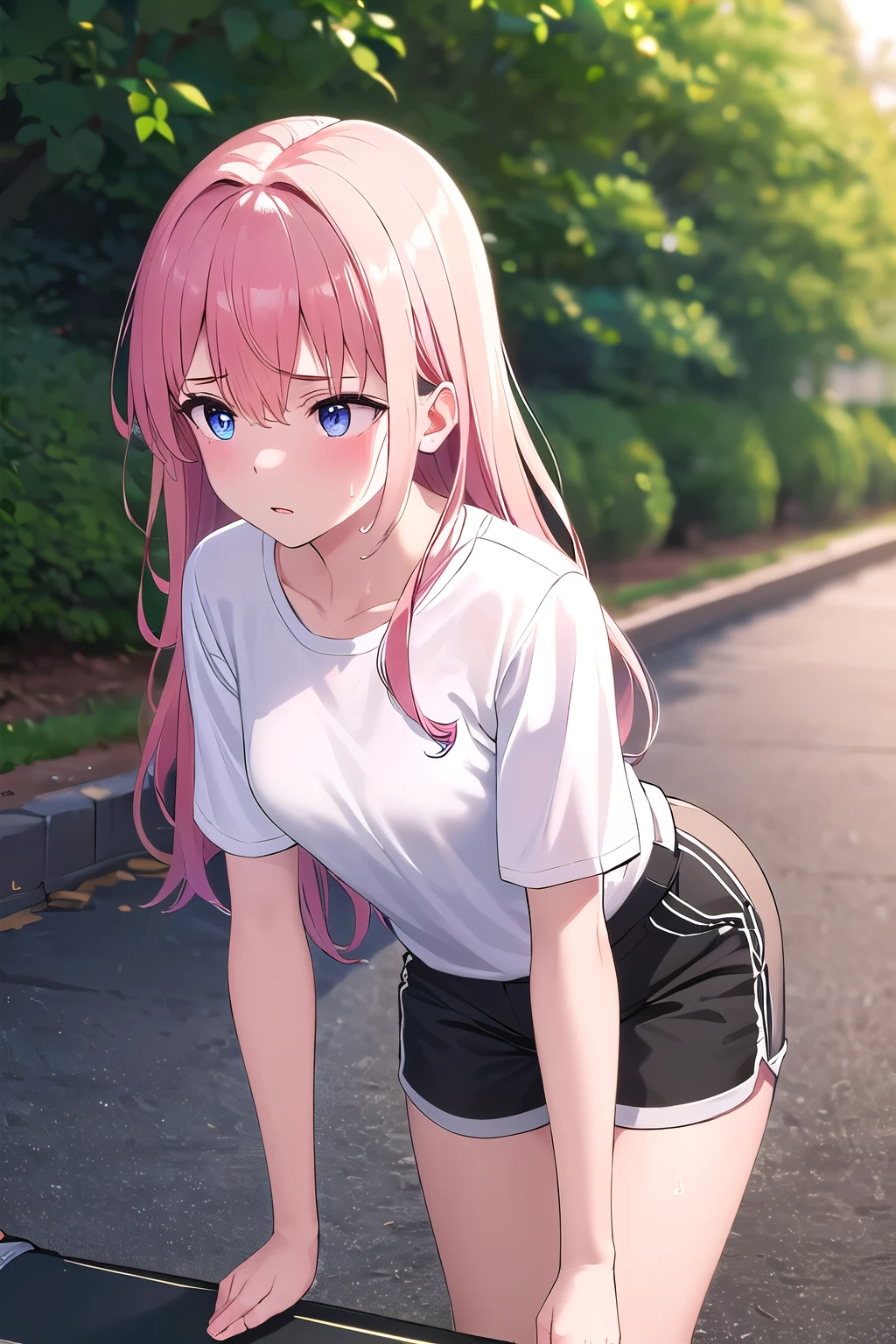 (8K, top-quality, masterpiece:1.2), (reallistic, Photorealsitic:1.37), Super Detail, One girl,), (Highly detailed), (beautifully detailed eyes), (of the highest quality), (super detailed ), (masterpiece), (Detailed face),20yr old, ,1 girl, ((pink hair,long hair)), medium breasts, clothed, Perfect Lighting, BREAK, (white shirt:1.5), (cotton:1.2), (soft:1.2), (casual:1.2), (loose:1.2), (rolled-up sleeves:1.2), (dark shorts:1.3), (white socks:1.2), (white sneakers:1.2), (gold accessories:1.1), (silver accessories:1.1), BRAKE, (upper body to thighs:1.2), (pink long hair:1.2), (waves:1.1), (shoulder-length:1.1), (expression of discomfort:1.2), (wiping sweat:1.2), (flapping shirt:1.2), (facing forward:1.1), (looking down:1.1), (leaning forward:1.1), (park background:1.2), (summer lighting:1.2), BRAKE