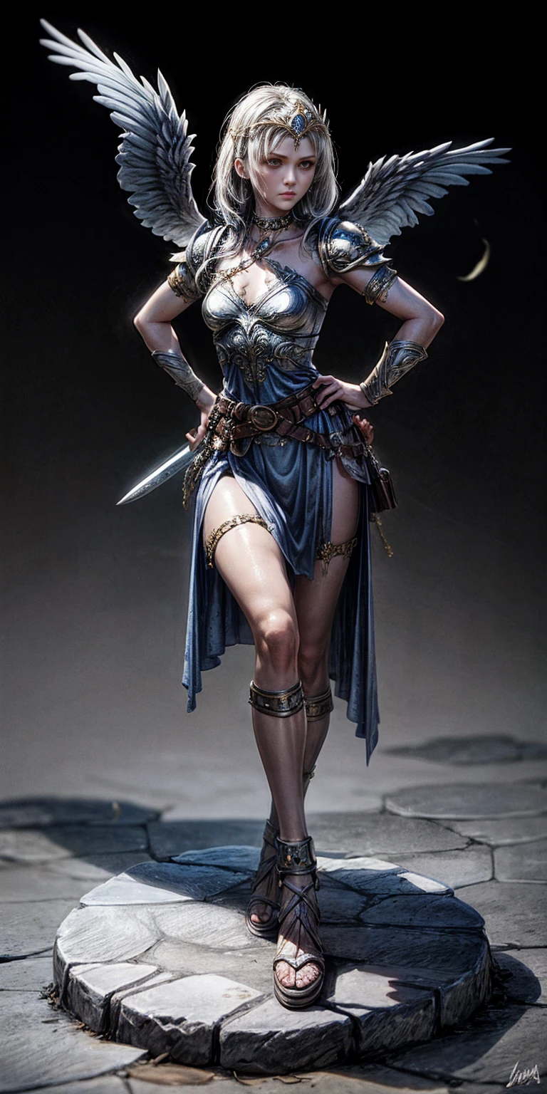 Subject:
1 Solo Female Gladiator
Pose:
Full body, whole body
Standing tall, hands on hips (conveying confidence)
Feet together, conveying a strong stance
View from slightly below, emphasizing her power
Clothing and Armor:
Loincloth (detailed and well-crafted, showcasing her warrior status)
Metal sandals, sturdy and battle-worn
Leather choker, adorned with a gladiator emblem or small spikes (optional)
Big belt, holding additional weapons or pouches (optional)
Bracers on forearms, for protection
Jewelry:
Tiara (can be simple and battle-ready, or adorned with feathers or gladiator symbols)
Additional Details:
Strong, defined muscles
Determined expression on her face
Optional: scars or other battle marks that tell a story of her victories