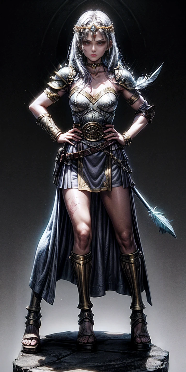Subject:

1 Solo Female Gladiator
Pose:

Full body, whole body
Standing tall, hands on hips (conveying confidence)
Feet together, conveying a strong stance
View from slightly below, emphasizing her power
Clothing and Armor:

Loincloth (detailed and well-crafted, showcasing her warrior status)
Metal sandals, sturdy and battle-worn
Leather choker, adorned with a gladiator emblem or small spikes (optional)
Big belt, holding additional weapons or pouches (optional)
Bracers on forearms, for protection
Jewelry:

Tiara (can be simple and battle-ready, or adorned with feathers or gladiator symbols)
Additional Details:

Strong, defined muscles
Determined expression on her face
Optional: scars or other battle marks that tell a story of her victories