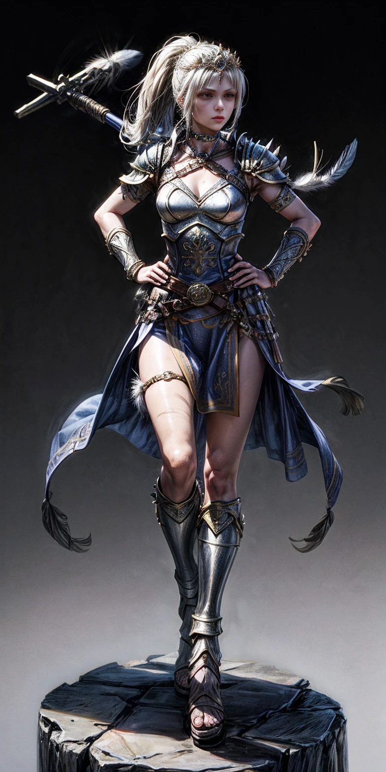 Subject:

1 Solo Female Gladiator
Pose:

Full body, whole body
Standing tall, hands on hips (conveying confidence)
Feet together, conveying a strong stance
View from slightly below, emphasizing her power
Clothing and Armor:

Loincloth (detailed and well-crafted, showcasing her warrior status)
Metal sandals, sturdy and battle-worn
Leather choker, adorned with a gladiator emblem or small spikes (optional)
Big belt, holding additional weapons or pouches (optional)
Bracers on forearms, for protection
Jewelry:

Tiara (can be simple and battle-ready, or adorned with feathers or gladiator symbols)
Additional Details:

Strong, defined muscles
Determined expression on her face
Optional: scars or other battle marks that tell a story of her victories