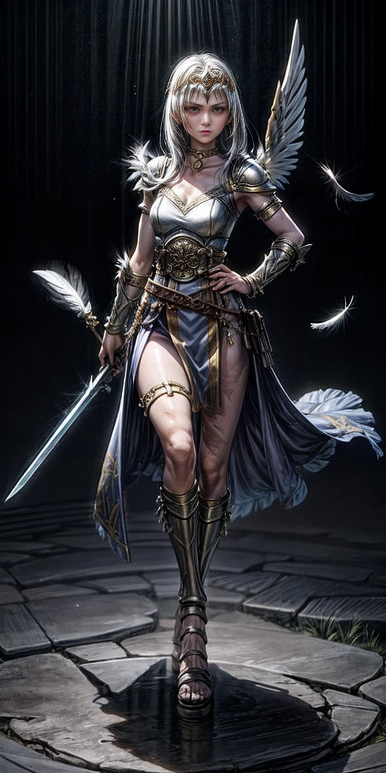Subject:

1 Solo Female Gladiator
Pose:

Full body, whole body
Standing tall, hands on hips (conveying confidence)
Feet together, conveying a strong stance
View from slightly below, emphasizing her power
Clothing and Armor:

Loincloth (detailed and well-crafted, showcasing her warrior status)
Metal sandals, sturdy and battle-worn
Leather choker, adorned with a gladiator emblem or small spikes (optional)
Big belt, holding additional weapons or pouches (optional)
Bracers on forearms, for protection
Jewelry:

Tiara (can be simple and battle-ready, or adorned with feathers or gladiator symbols)
Additional Details:

Strong, defined muscles
Determined expression on her face
Optional: scars or other battle marks that tell a story of her victories