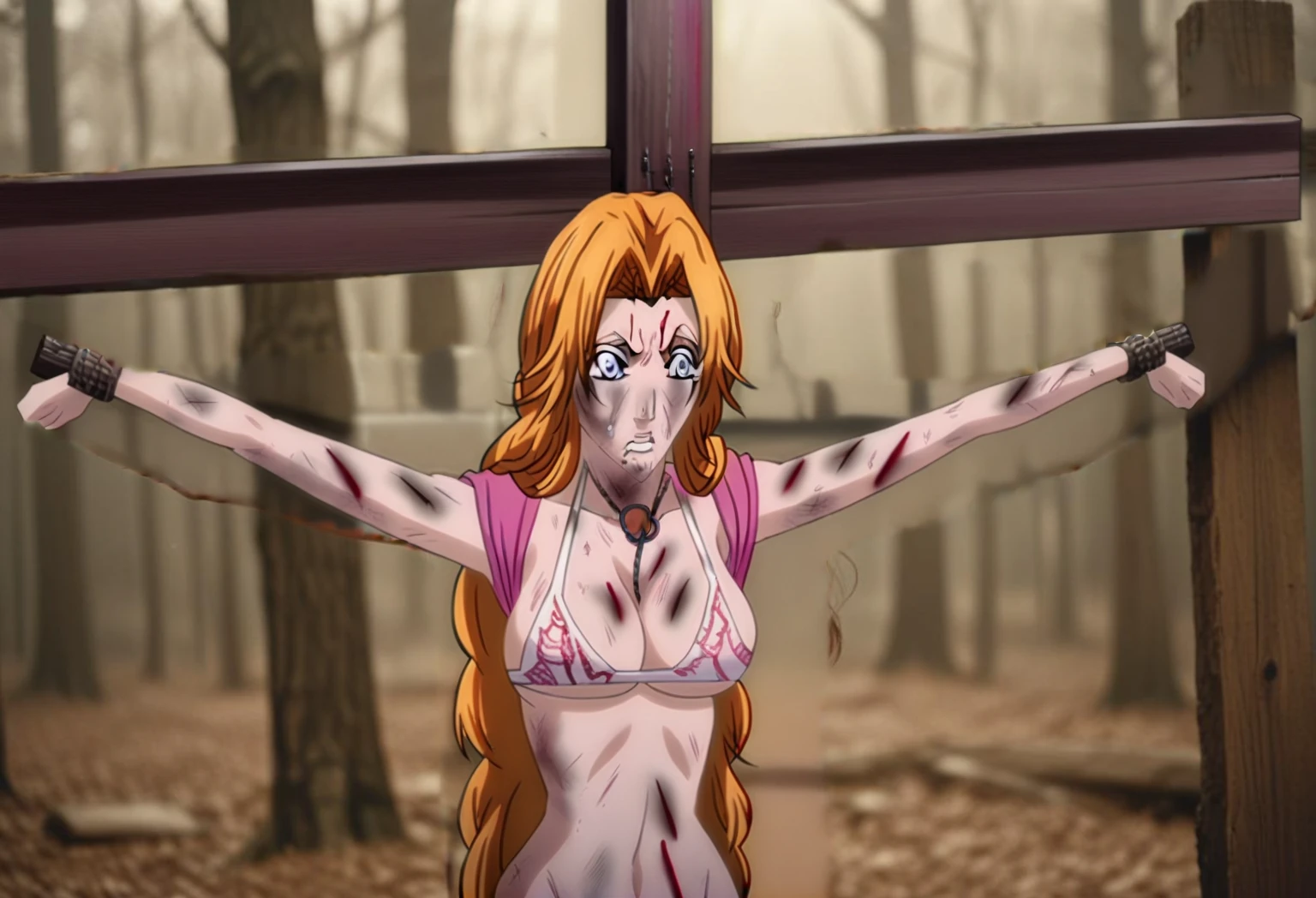 highest quality,masterpiece,uhd, Super detailed, 8K,(Beautiful woman),(A Beautiful Woman),((crucifixion:1.5)),(((cross))),(execution),((incontinence)),scared,torture,slave,((Woman in crucifixion at the cross:1.5)),crucifixion刑,((Rangiku Matsumoto:1.5)), white bikini,((Torn clothes:1.5)),((Tearing of clothes:1.5)),(tattered clothes:1.5),Beaten face,顔にtraces of being beaten,((bruises on body)),scars on body,injured face and body,(Bruise, dirty, torn clothes, revealing clothes, Blood:1.3),traces of being beaten,Defeated heroine,a devastated world,ruins,abandoned building,(burning at the stake),((roasted over fire:1.2)),inflammation,(Inflammation),Inflammation at my feet, very accurate, almost naked