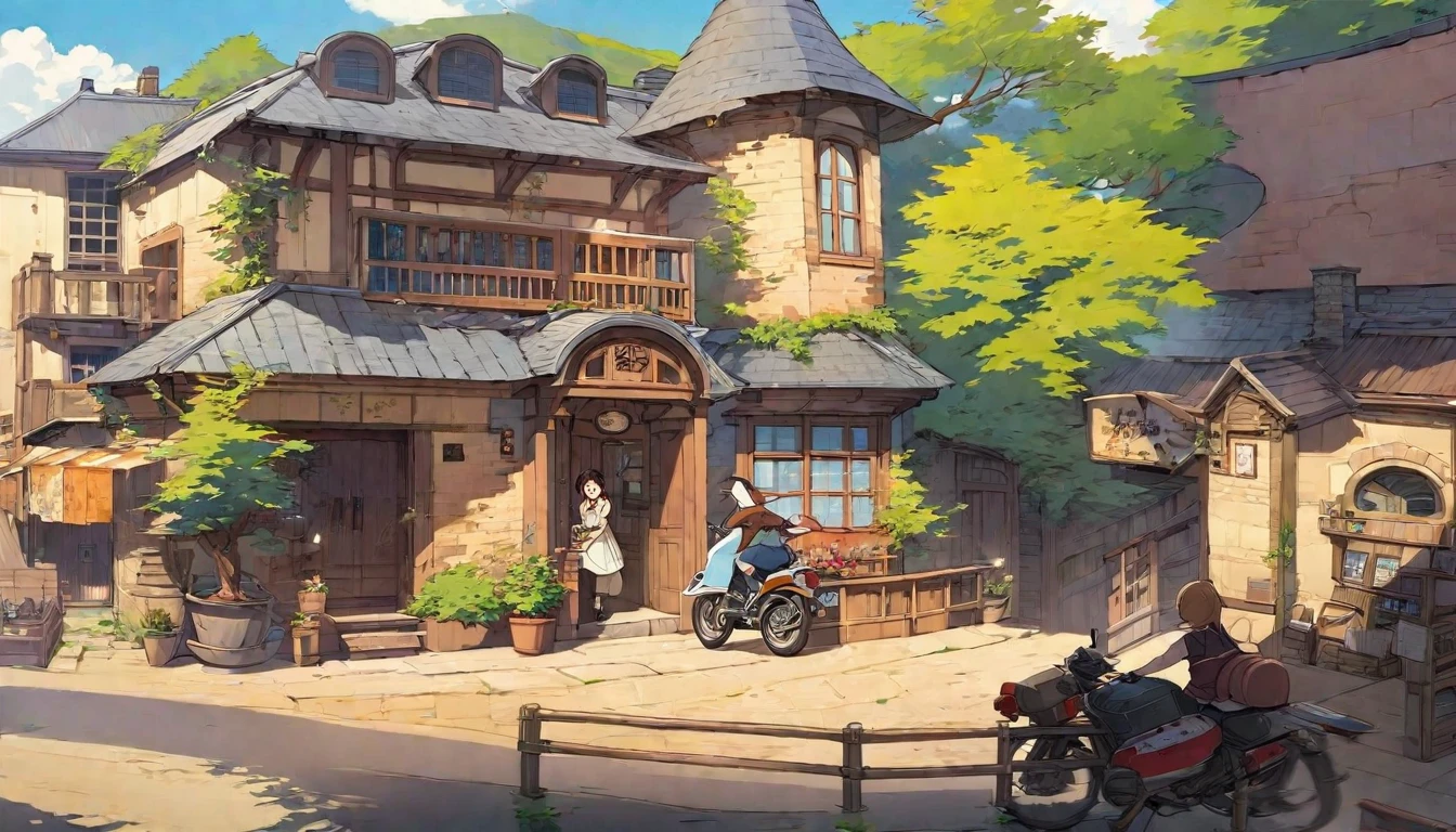 Anime style illustration of a small town with a motorbike and a woman riding a motorbike, Anime scenery concept art, Ghibli Studio Anime Style, Ghibli Studio Style, By Akihiko Yoshida, Painted in an anime artist&#39;s studio, studio ghibli environment, studio Ghibli art style, studio ghibli scheme, Ghibli art style, Studio Ghibli's smooth concept art, ghibli studio art, Anime Background Art