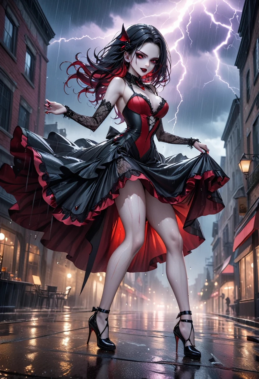 a female vampire (dancing: 1.3) in the rain during lightning storm, goth art, dark fantasy art, glamours (vampire: 1.5) model shot, RAW, award winning picture of a female vampire, dynamic hair color, dynamic hair style, pale skin, full body, busty woman, most beautiful face ultra detailed face, long hair, wavy hair, pale skin, wearing lace dress, wet dress, dynamic color, dynamic style dress, (intense detailed dress: 1.3), wearing intricate high heels, light make up, modern day high society street in a (lightning: 1.3) storm heavy rain, sense of glorified sensation in the storm, (anatomically correct: 1.4),  picture taken from dynamic range, vibrant, Ultra-high resolution, High Contrast, (masterpiece:1.5), highest quality, Best aesthetics), best details, best quality, highres, ultra wide angle, 16k, [ultra detailed], masterpiece, best quality, (extremely detailed), Intense Gaze, goth person