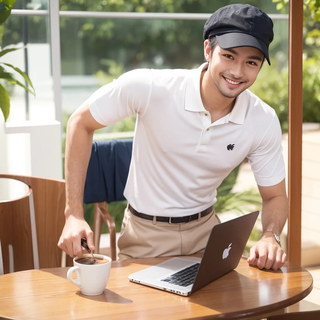 a man sit on cafe tabble, working on apple laptop, smile to camera, white polo shirt, wearing hat