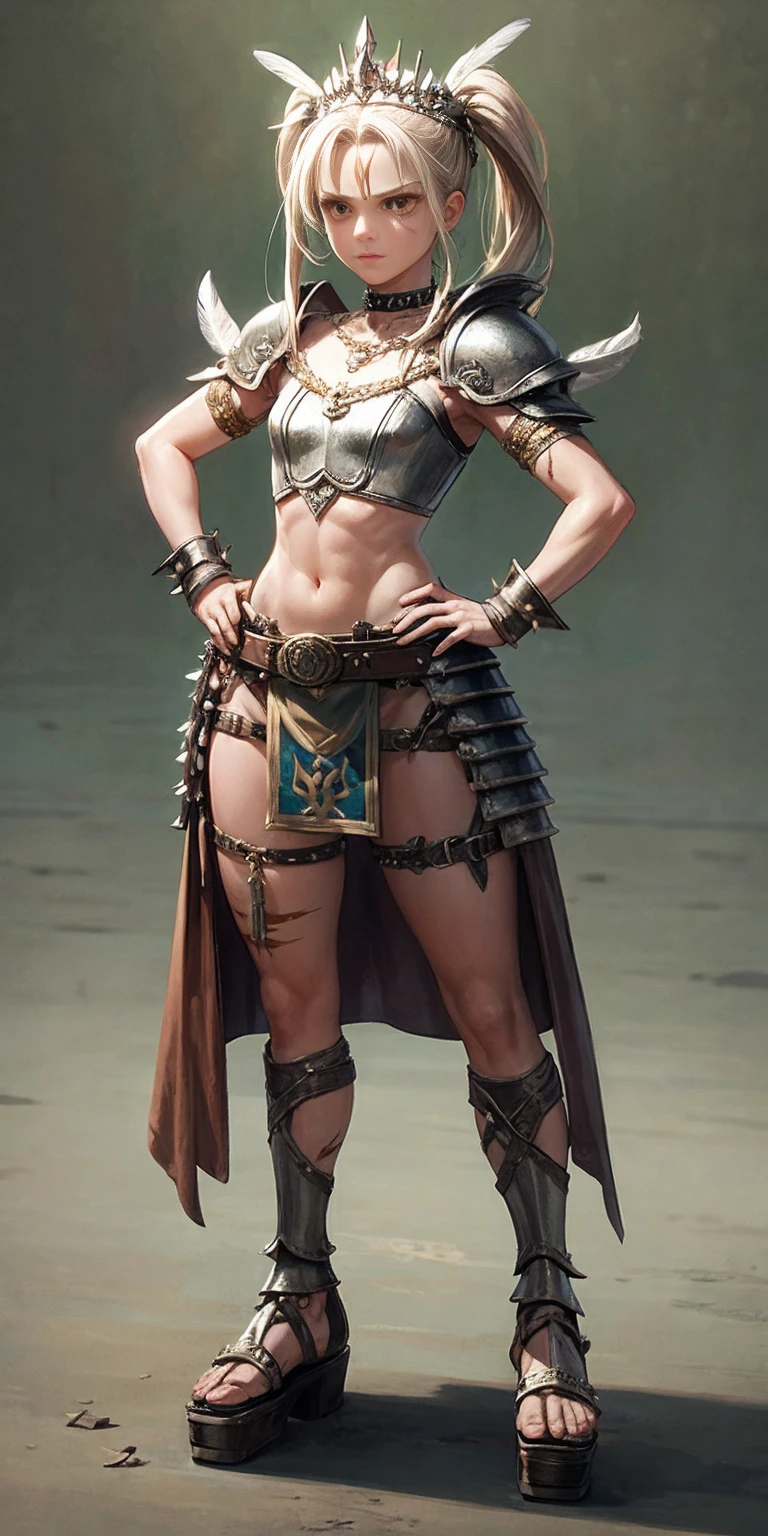 Subject:

1 Solo Female Gladiator
Pose:

Full body, whole body
Standing tall, hands on hips (conveying confidence)
Feet together, conveying a strong stance
View from slightly below, emphasizing her power
Clothing and Armor:

Loincloth (detailed and well-crafted, showcasing her warrior status)
Metal sandals, sturdy and battle-worn
Leather choker, adorned with a gladiator emblem or small spikes (optional)
Big belt, holding additional weapons or pouches (optional)
Bracers on forearms, for protection
Jewelry:

Tiara (can be simple and battle-ready, or adorned with feathers or gladiator symbols)
Additional Details:

Strong, defined muscles
Determined expression on her face
Optional: scars or other battle marks that tell a story of her victories