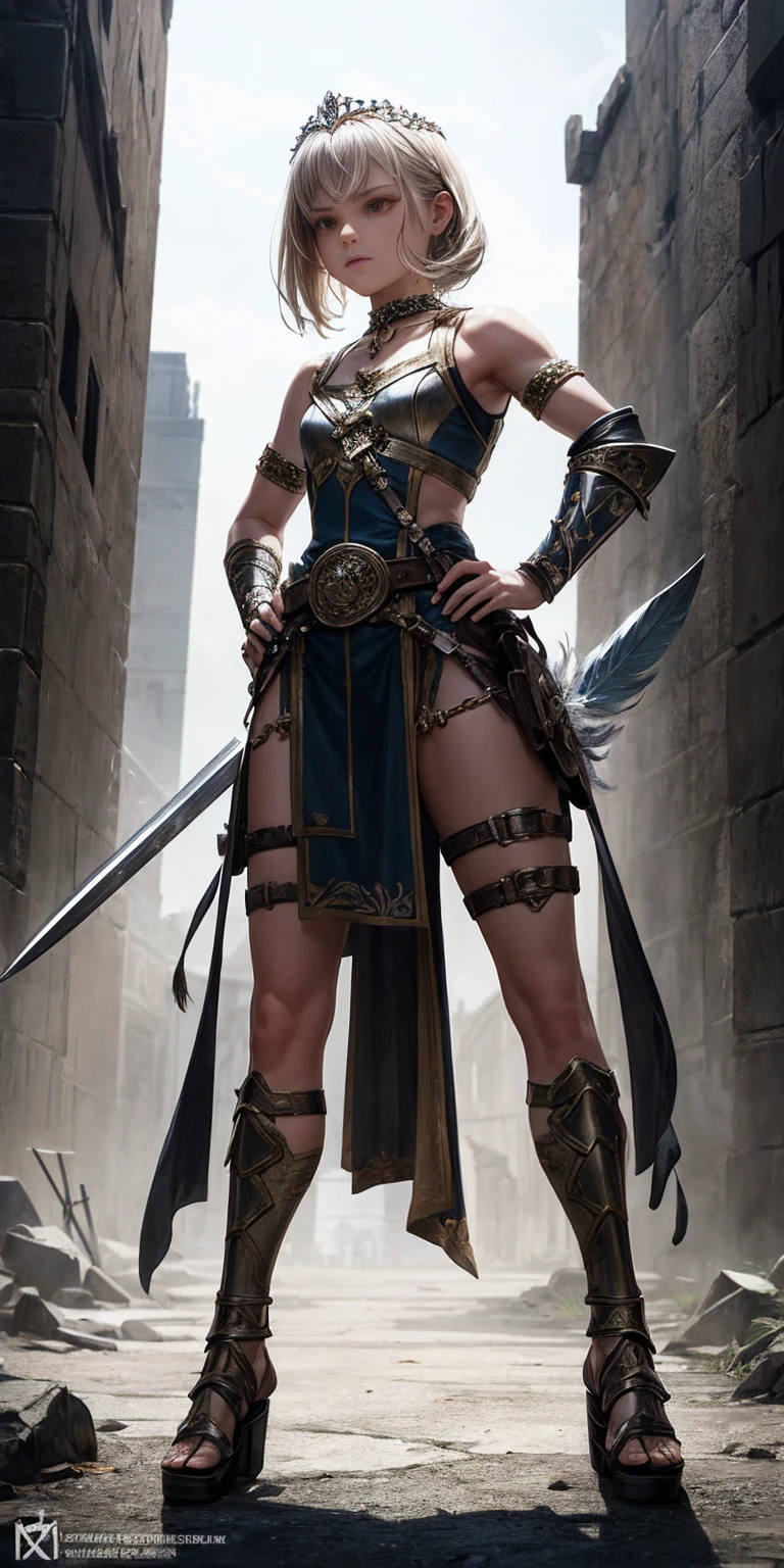 Subject:

1 Solo Female Gladiator
Pose:

Full body, whole body
Standing tall, hands on hips (conveying confidence)
Feet together, conveying a strong stance
View from slightly below, emphasizing her power
Clothing and Armor:

Loincloth (detailed and well-crafted, showcasing her warrior status)
Metal sandals, sturdy and battle-worn
Leather choker, adorned with a gladiator emblem or small spikes (optional)
Big belt, holding additional weapons or pouches (optional)
Bracers on forearms, for protection
Jewelry:

Tiara (can be simple and battle-ready, or adorned with feathers or gladiator symbols)
Additional Details:

Strong, defined muscles
Determined expression on her face
Optional: scars or other battle marks that tell a story of her victories