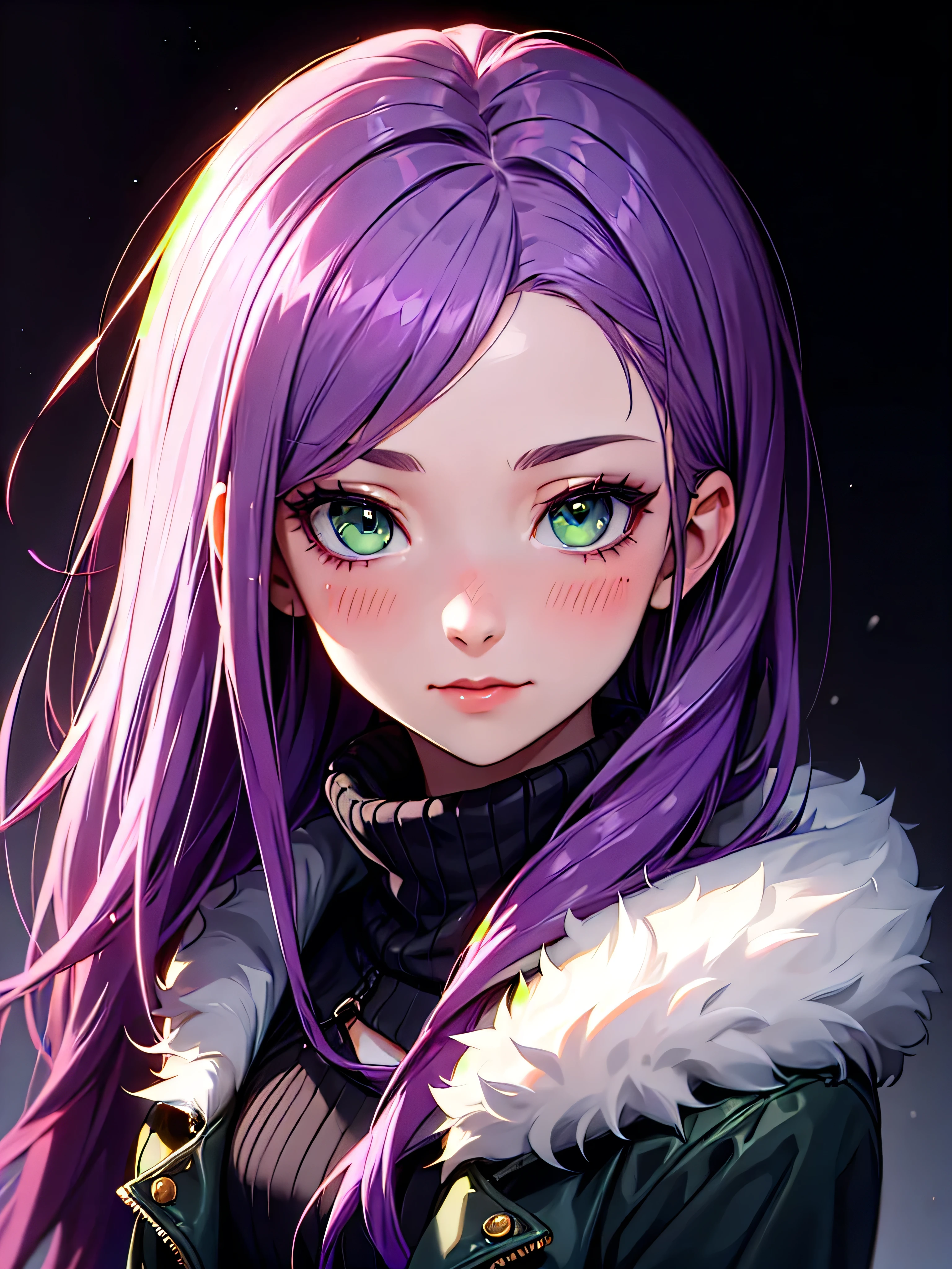 ((Portrait)), She has an Graceful, Purple-Haired Appearance, with Childlike Charm, Pale Skin, and a Very Small Build. She Expresses a Warm and Blushing Look, Giving Off an Introverted Attitude. She has Light Green Eyes, and Her Hair is Long and Tousled, Dark Purple, with Strands Falling Over Her Forehead. She Wears a Winter Coat. ((Portrait, HDR, Dark Background))