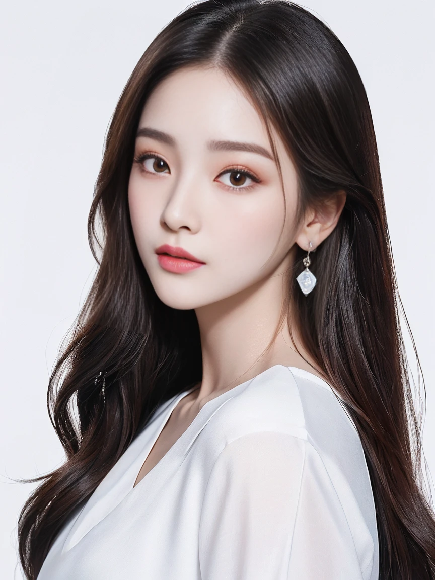 A long-haired woman wearing a white top and white blouse, Popular Korean makeup, inspired by Yanjun Cheng, Round Face, WAN cute Korean face, Popular Korean makeup, Inspired by Shen Si Zheng, Korean facial features, korean symmetrical face, Beautiful face, Young and cute Korean face, Portrait of a Korean female idol, Nam Jae-yeon