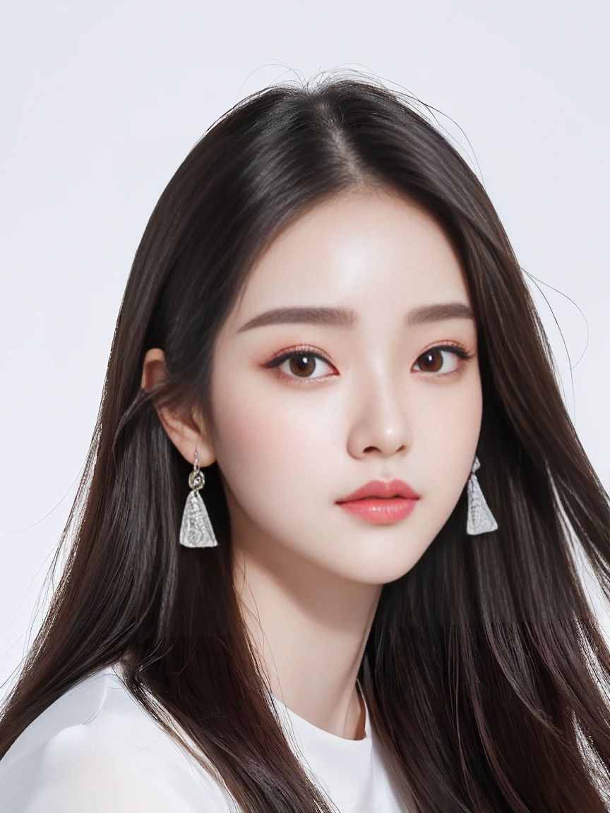 A long-haired woman wearing a white top and white blouse, Popular Korean makeup, inspired by Yanjun Cheng, Round Face, WAN cute Korean face, Popular Korean makeup, Inspired by Shen Si Zheng, Korean facial features, korean symmetrical face, Beautiful face, Young and cute Korean face, Portrait of a Korean female idol, Nam Jae-yeon