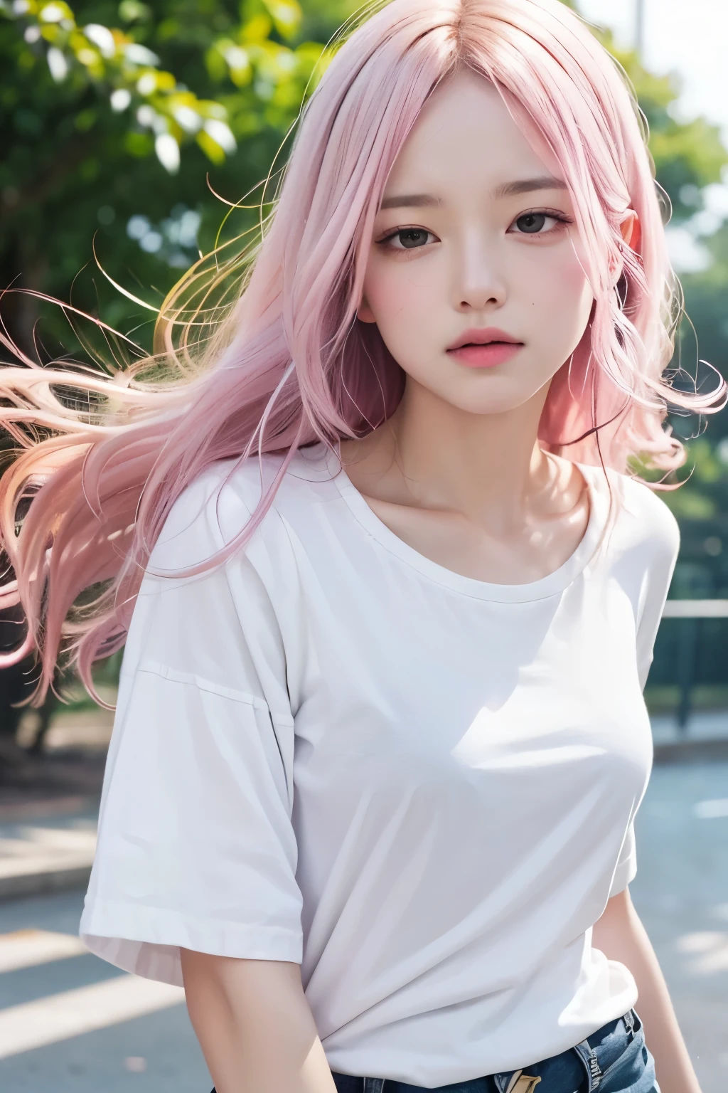(8K, top-quality, masterpiece:1.2), (reallistic, Photorealsitic:1.37), Super Detail, One girl,), (Highly detailed), (beautifully detailed eyes), (of the highest quality), (super detailed ), (masterpiece), (Detailed face),20yr old, ,1 girl, ((pink hair,long hair)), medium breasts, clothed, Perfect Lighting, BREAK, (white shirt:1.5), (cotton:1.2), (soft:1.2), (casual:1.2), (loose:1.2), (rolled-up sleeves:1.2), (dark shorts:1.3), (white socks:1.2), (white sneakers:1.2), (gold accessories:1.1), (silver accessories:1.1), BRAKE, (upper body to thighs:1.2), (pink long hair:1.2), (waves:1.1), (shoulder-length:1.1), (expression of discomfort:1.2), (wiping sweat:1.2), (flapping shirt:1.2), (facing forward:1.1), (looking down:1.1), (leaning forward:1.1), (park background:1.2), (summer lighting:1.2), BRAKE
