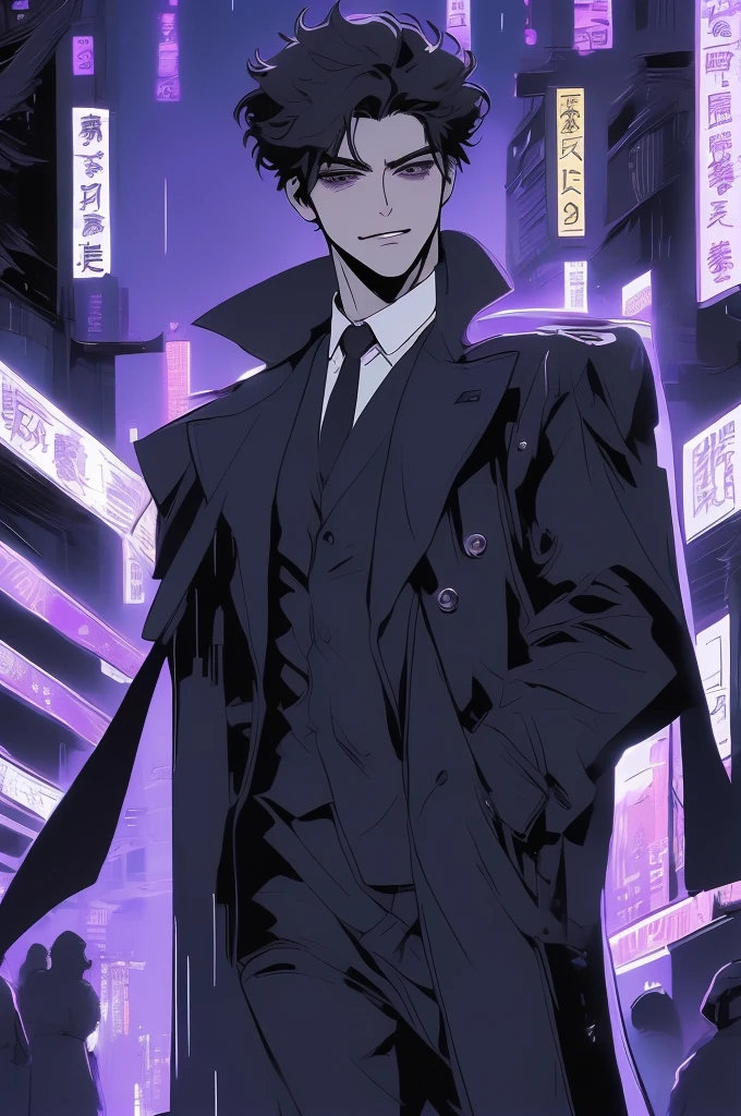 anime man in the night city, attractive man with сиреневые глаза while squinting, adult man, black hair, black loose shirt, (((no decorations on clothes))), beautiful detailed eyes, lilac eyes eyes, squinting, shoulder-length curly hair, (Best quality,4K,8 k,A high resolution,masterpiece:1.2), ultra detailed, bright colors, dark lighting, Cinematic, A sly smile on his face, long hair, full length