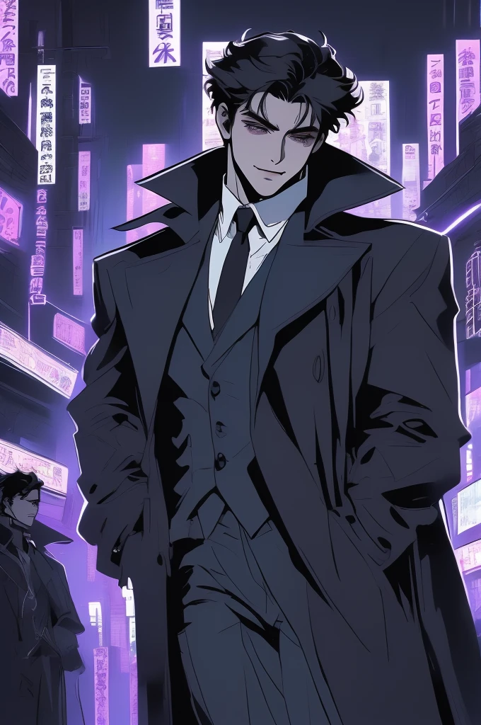 anime man in the night city, attractive man with сиреневые глаза while squinting, adult man, black hair, black loose shirt, (((no decorations on clothes))), beautiful detailed eyes, lilac eyes eyes, squinting, shoulder-length curly hair, (Best quality,4K,8 k,A high resolution,masterpiece:1.2), ultra detailed, bright colors, dark lighting, Cinematic, A sly smile on his face, long hair, full length