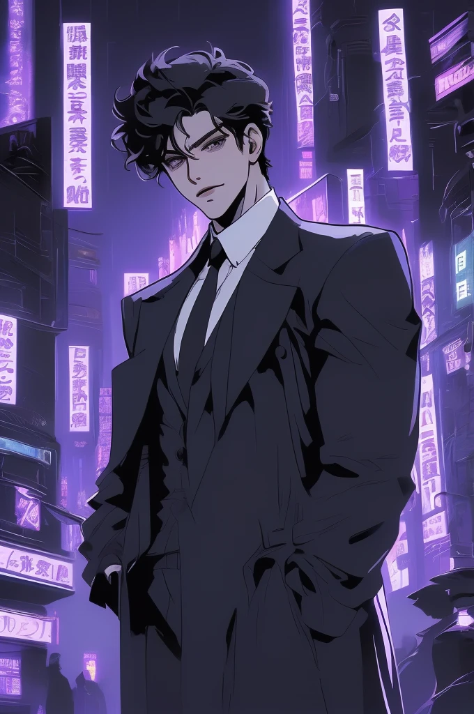 anime man in the night city, attractive man with сиреневые глаза while squinting, adult man, black hair, black loose shirt, (((no decorations on clothes))), beautiful detailed eyes, lilac eyes eyes, squinting, shoulder-length curly hair, (Best quality,4K,8 k,A high resolution,masterpiece:1.2), ultra detailed, bright colors, dark lighting, Cinematic, A sly smile on his face, long hair, full length