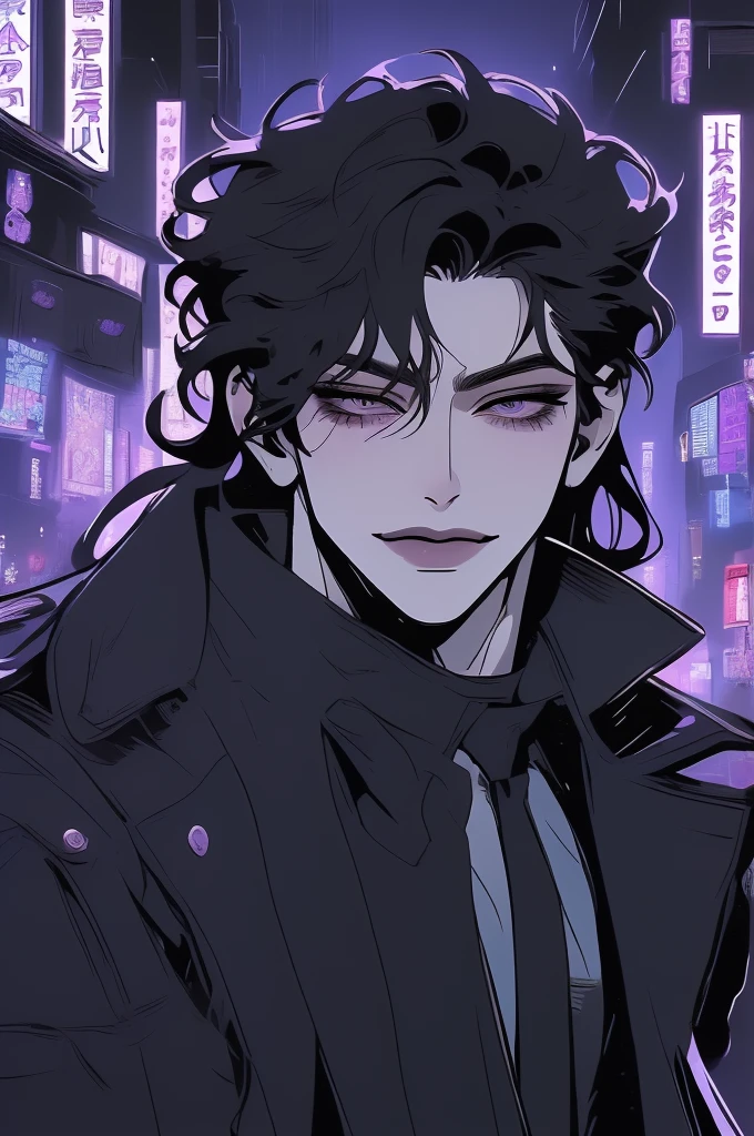 anime man in the night city, attractive man with сиреневые глаза while squinting, adult man, black hair, black loose shirt, (((no decorations on clothes))), beautiful detailed eyes, lilac eyes eyes, squinting, shoulder-length curly hair, (Best quality,4K,8 k,A high resolution,masterpiece:1.2), ultra detailed, bright colors, dark lighting, Cinematic, A sly smile on his face, long hair, full length